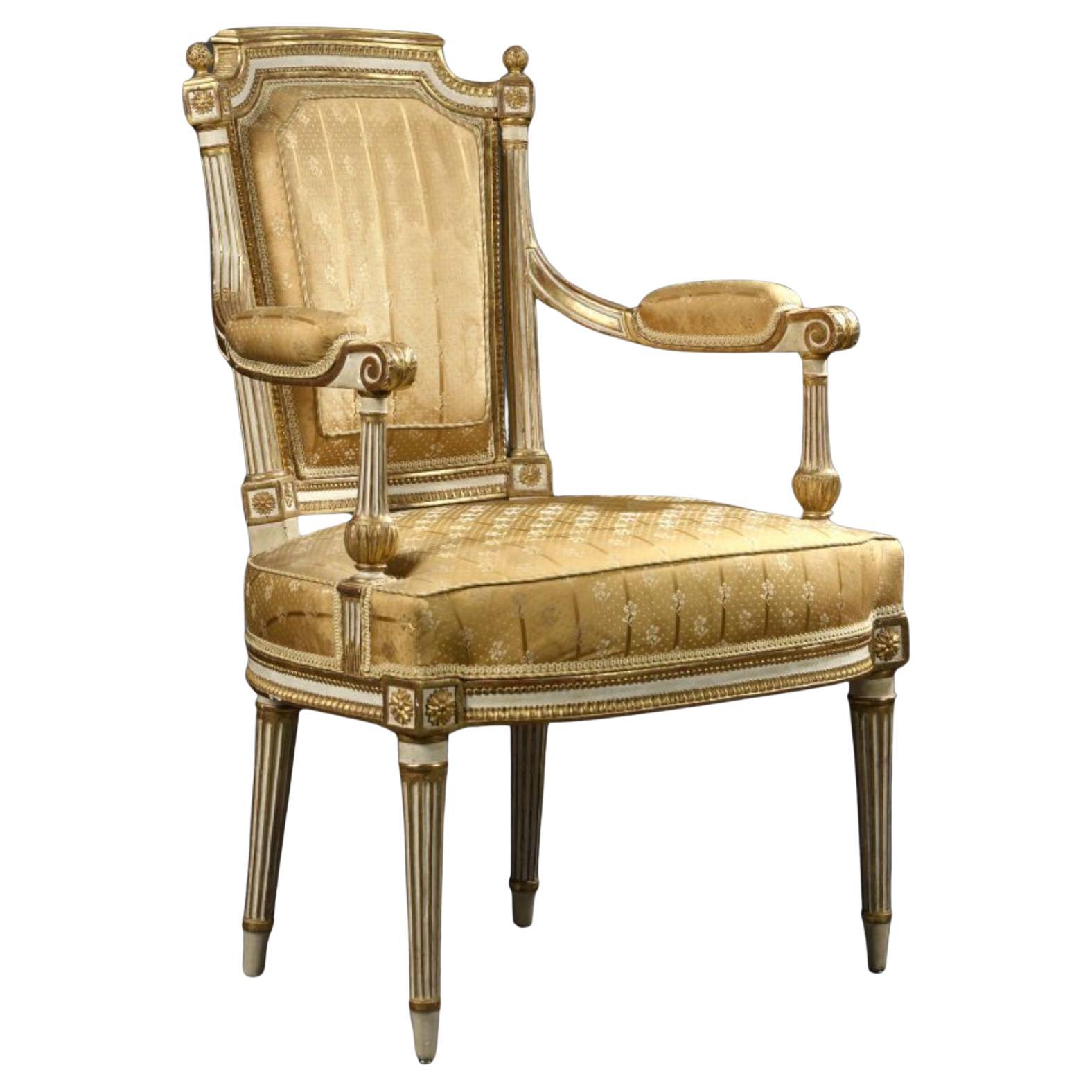 18th Century French Louis XVI Period Hand Carved Silk Armchair by JB Boulard For Sale