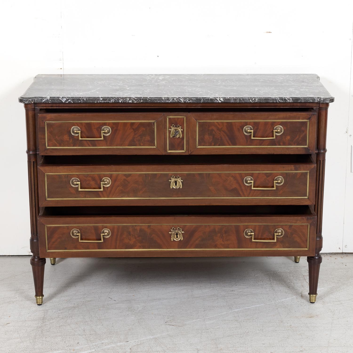 Brass 18th Century French Louis XVI Period Mahogany Commode with Saint Anne Marble Top For Sale