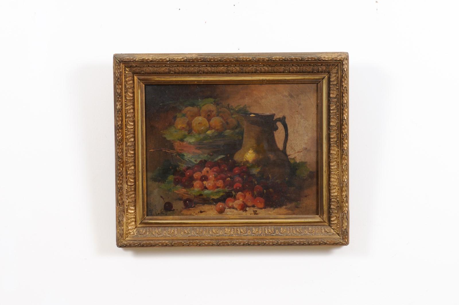 A French Louis XVI period oil on canvas still life framed painting from the 18th century, depicting a jug and fruits. Created in France during the 18th century, this oil on canvas painting features a mouth-watering arrangement of grapes and possibly