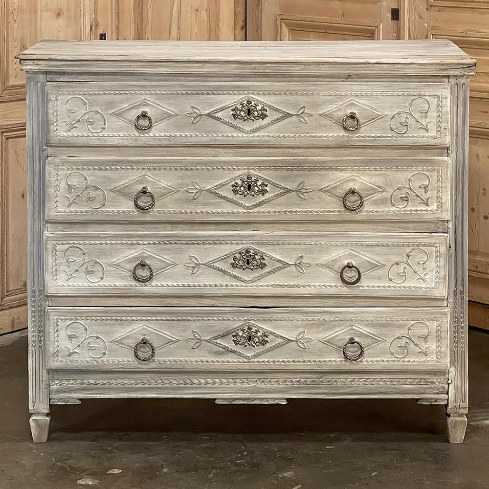 18th Century French Louis XVI Period Whitewashed Commode represents the essence of the neoclassical revival in France during the latter half of the 1700s.  Utilizing dense, old-growth indigenous white oak, the artisans created a sturdy plank top