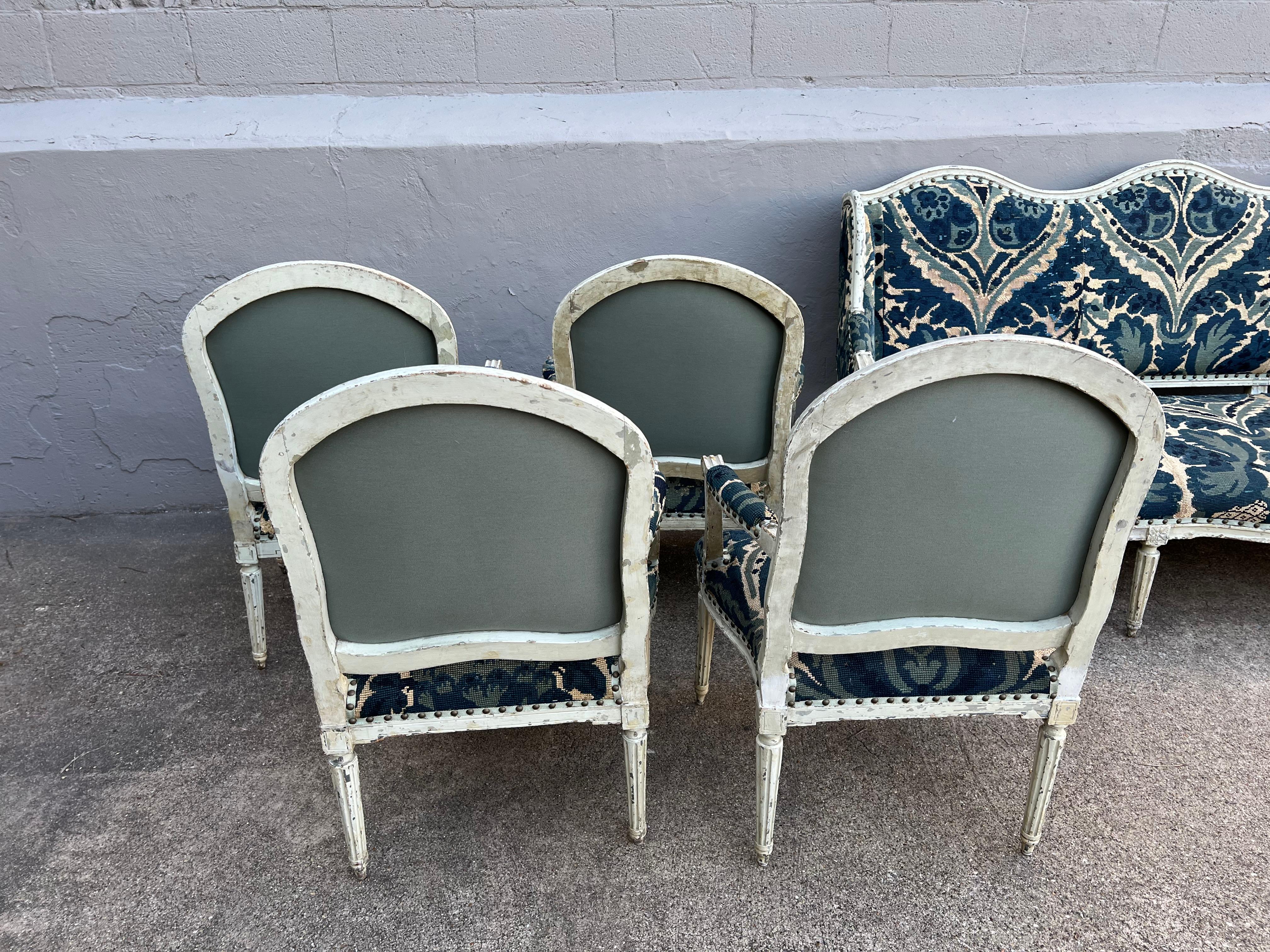 18th Century French Louis XVI Salon in 19th Century Blue and White Needlepoint 5