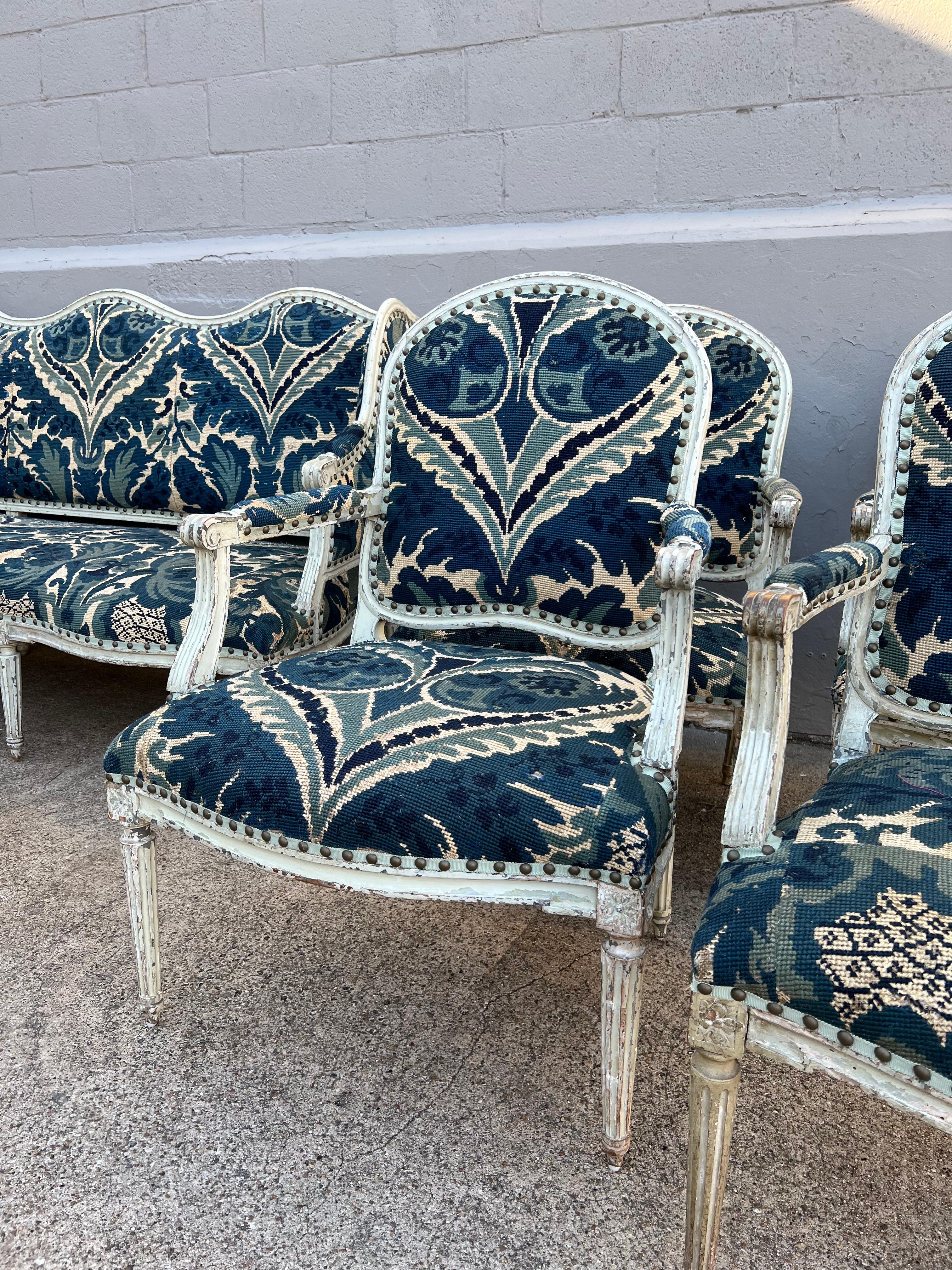 Wool 18th Century French Louis XVI Salon in 19th Century Blue and White Needlepoint