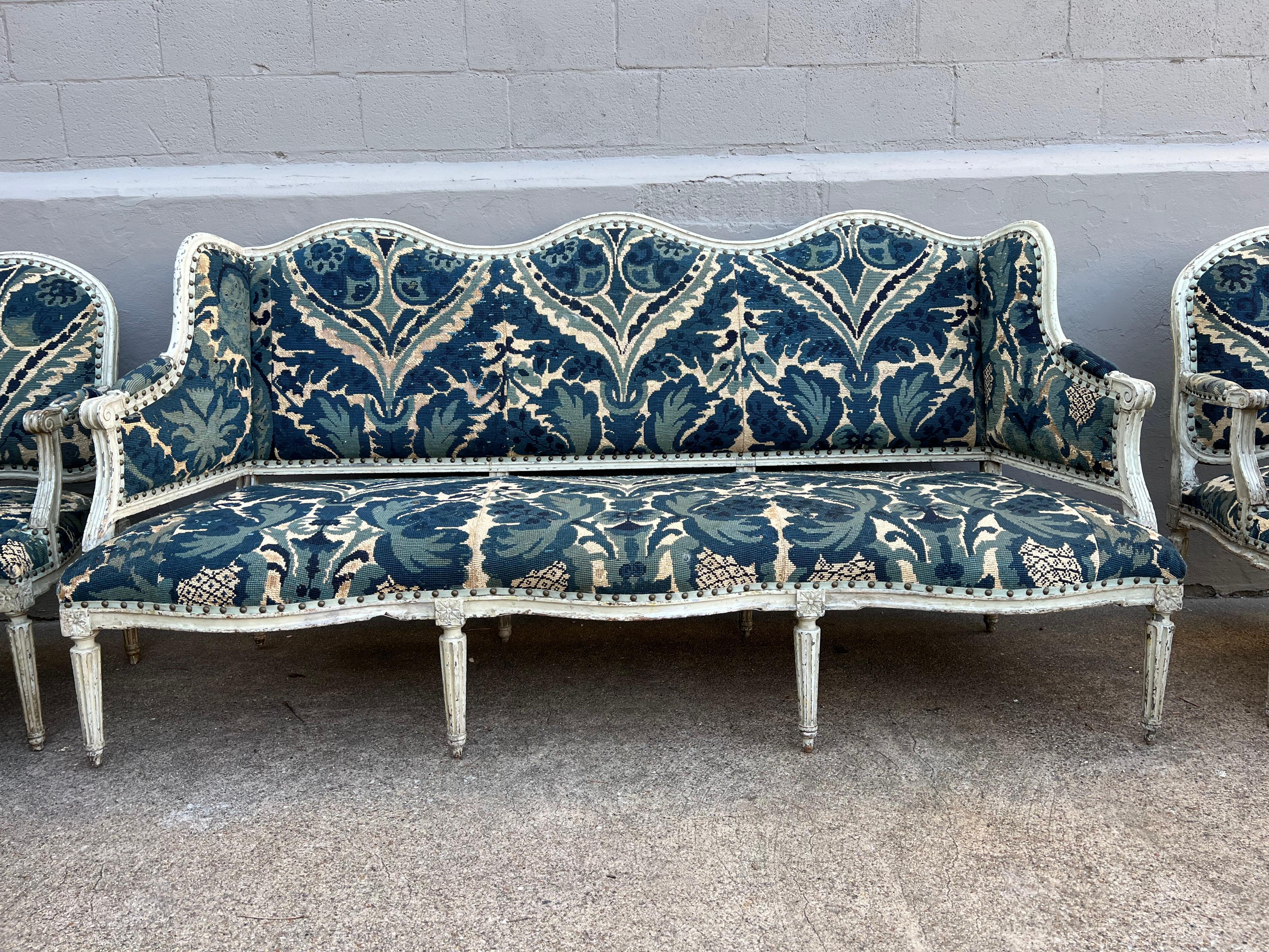 18th Century French Louis XVI Salon in 19th Century Blue and White Needlepoint 1