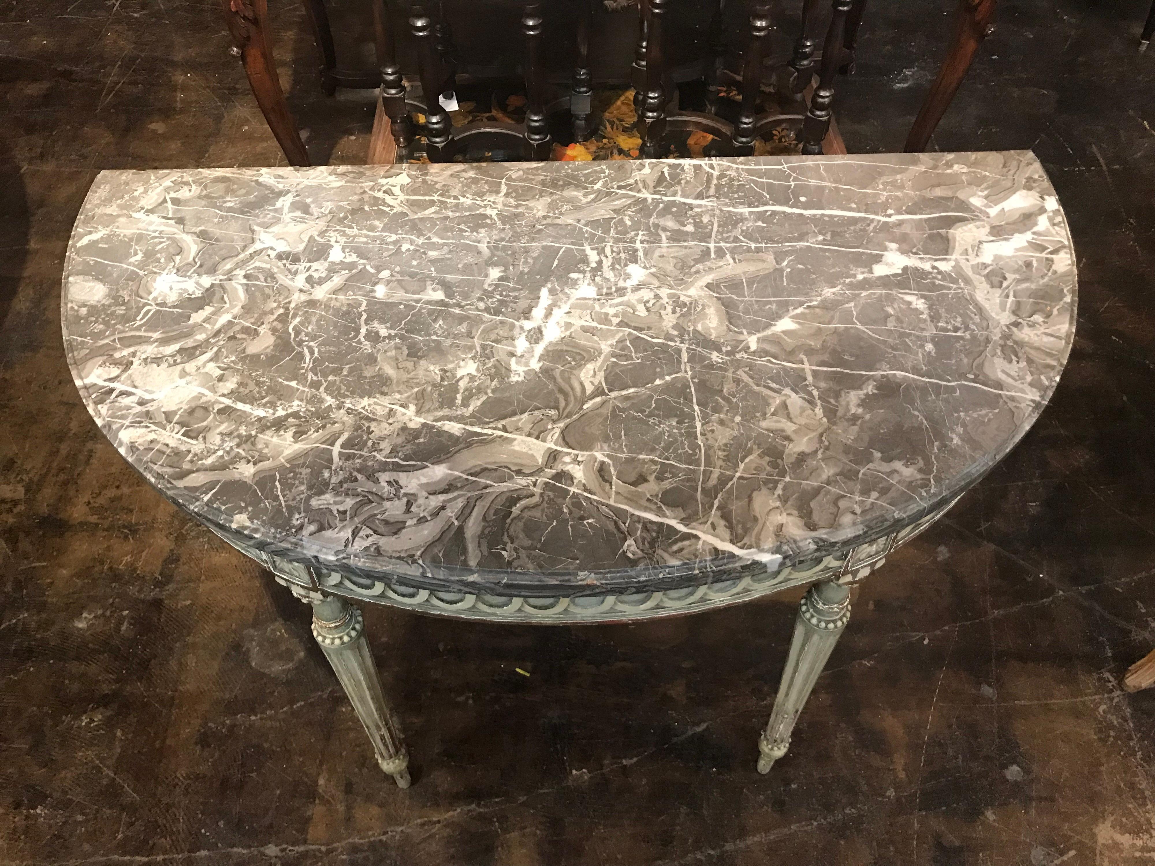 18th Century French Louis XVI Style Demilune Console with Grey Marble In Good Condition For Sale In Dallas, TX