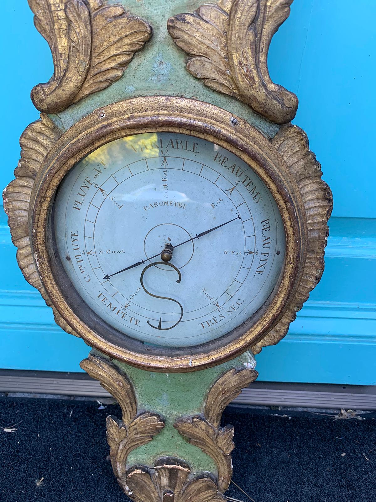 18th Century French Louis XVI Style Gilt and Green Painted Barometer 6