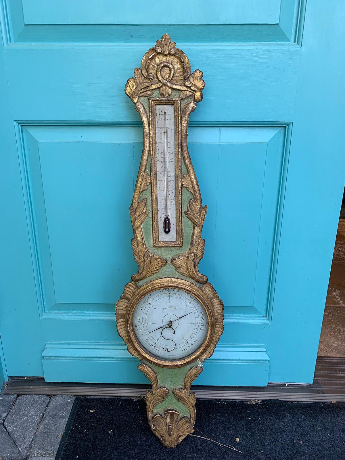 18th century circa 1790-1799 French Louis XVI style gilt and green painted barometer with mercury filled glass working thermometer.