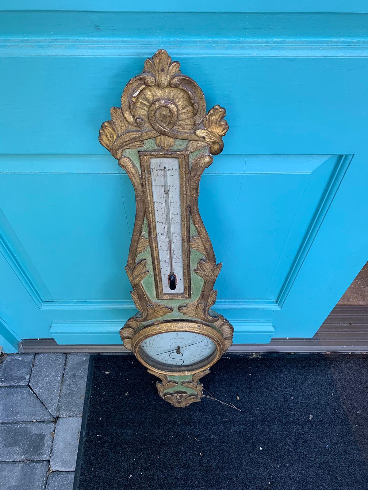18th Century French Louis XVI Style Gilt and Green Painted Barometer 14
