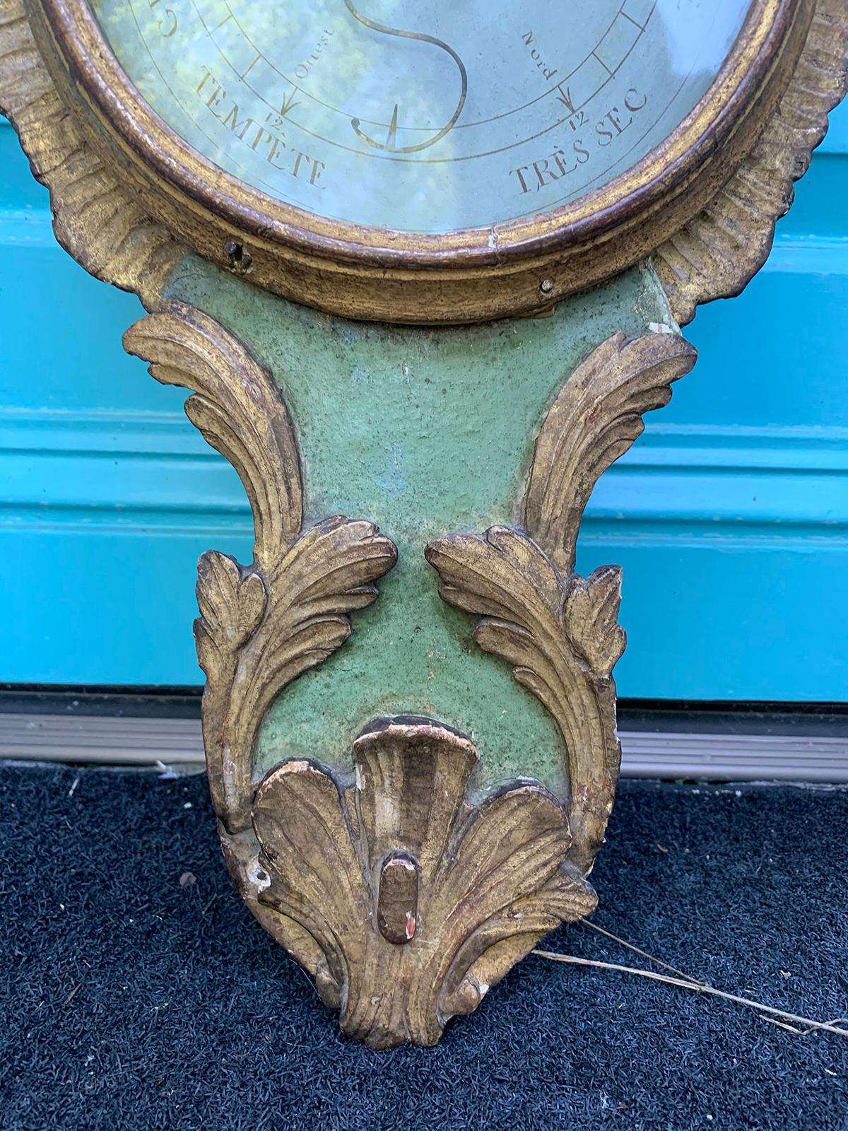 18th Century and Earlier 18th Century French Louis XVI Style Gilt and Green Painted Barometer