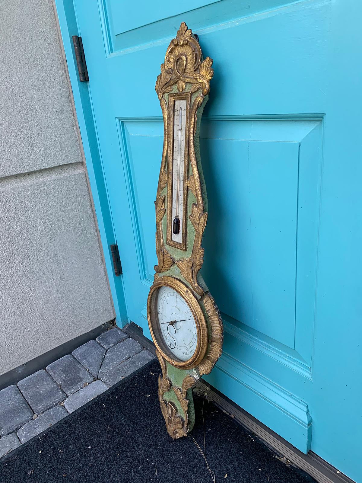 Glass 18th Century French Louis XVI Style Gilt and Green Painted Barometer