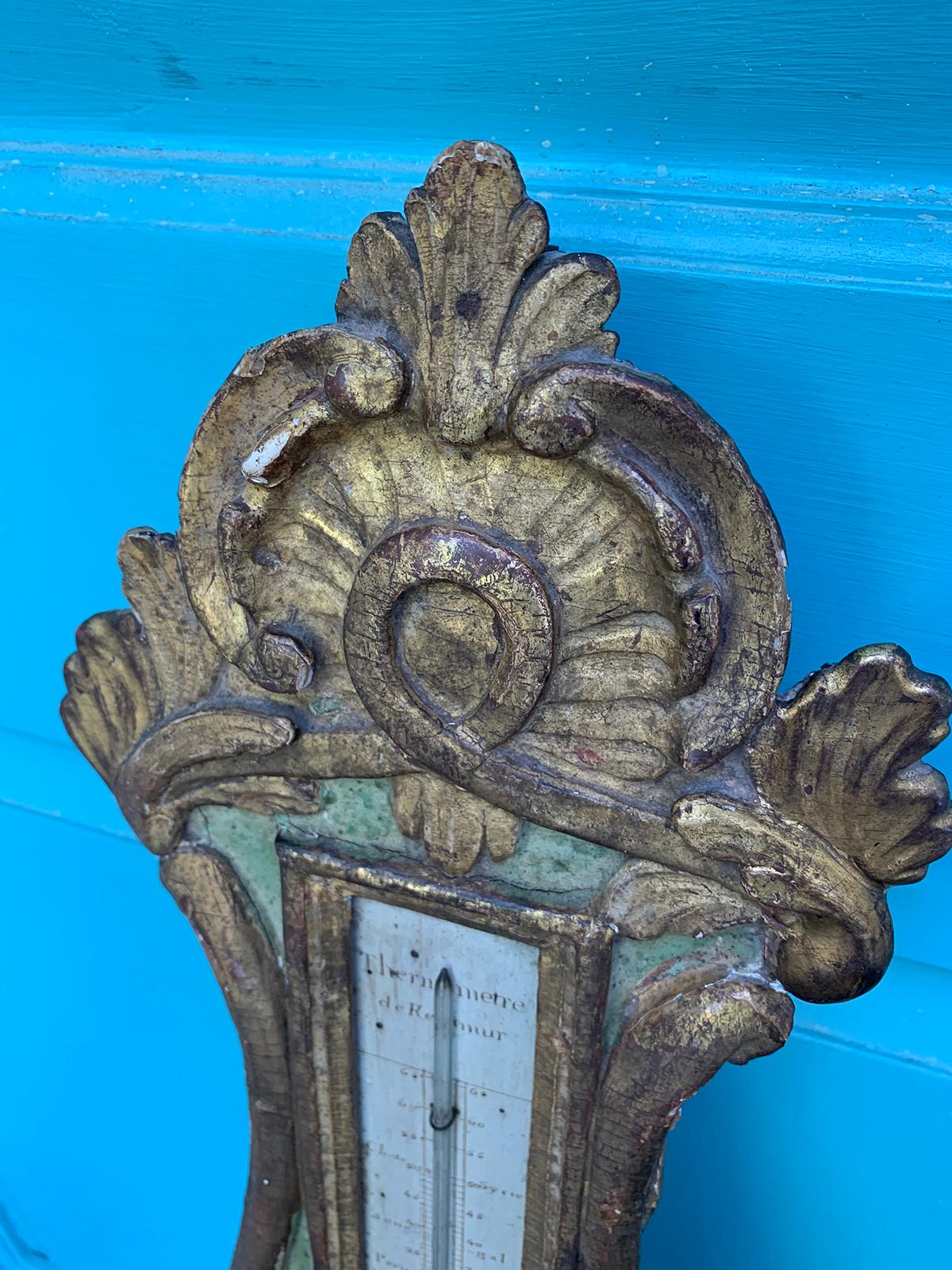 18th Century French Louis XVI Style Gilt and Green Painted Barometer 1