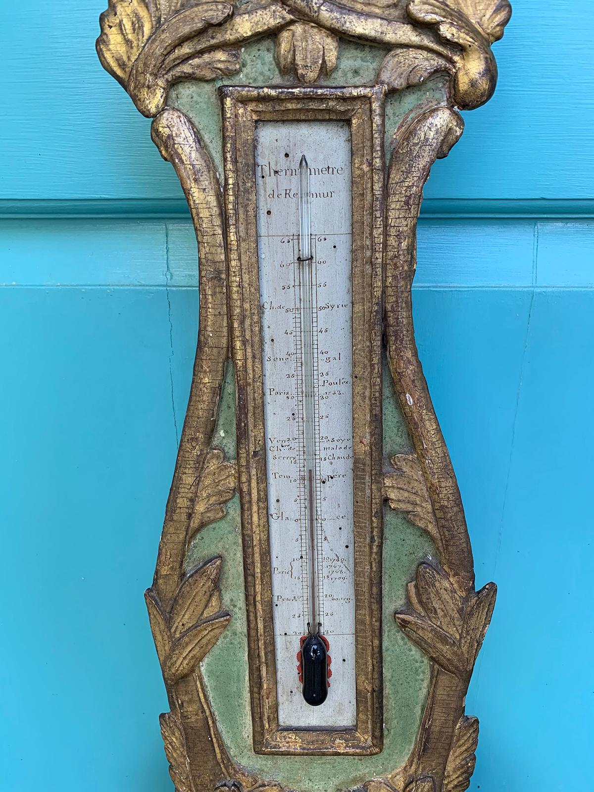 18th Century French Louis XVI Style Gilt and Green Painted Barometer 2