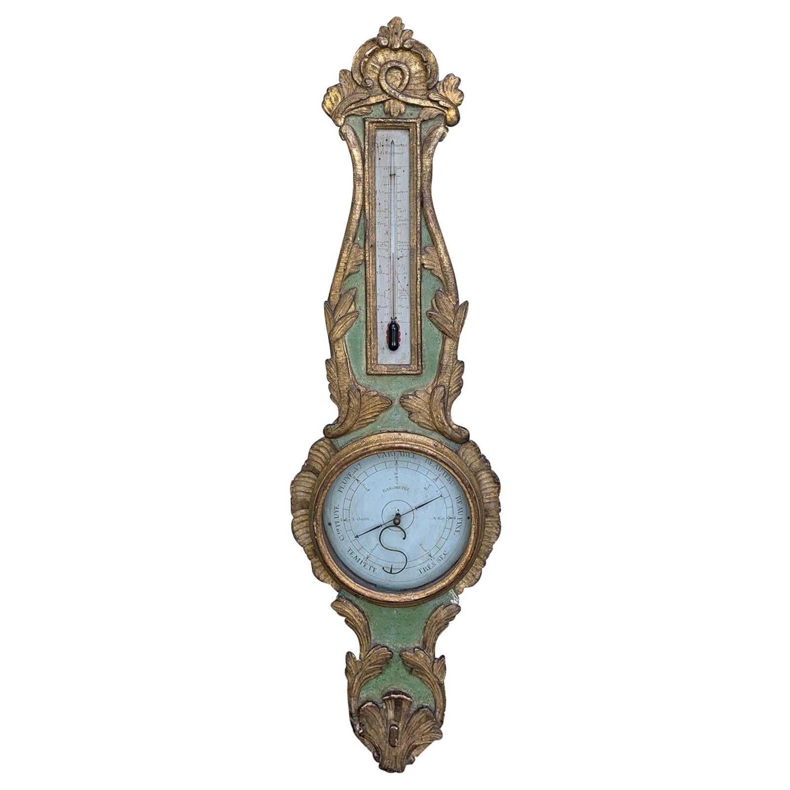 18th Century French Louis XVI Style Gilt and Green Painted Barometer