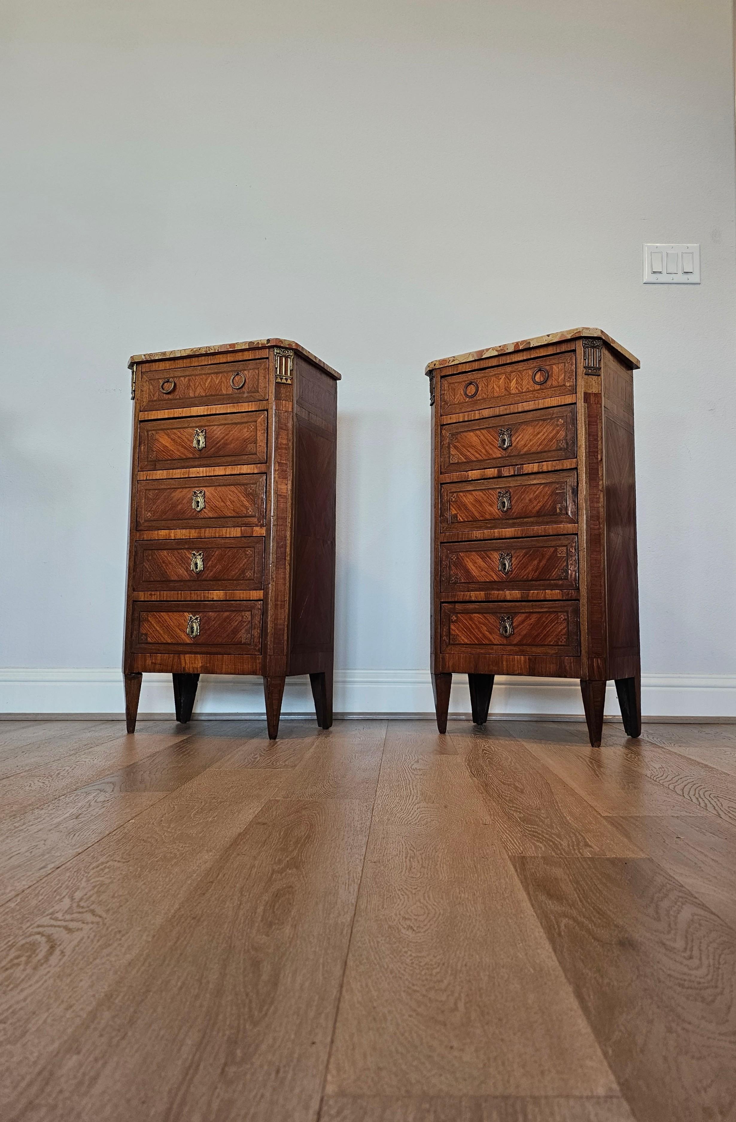 Gilt 18th Century French Louis XVI Tall Narrow Chiffonier Chest Of Drawers Pair For Sale