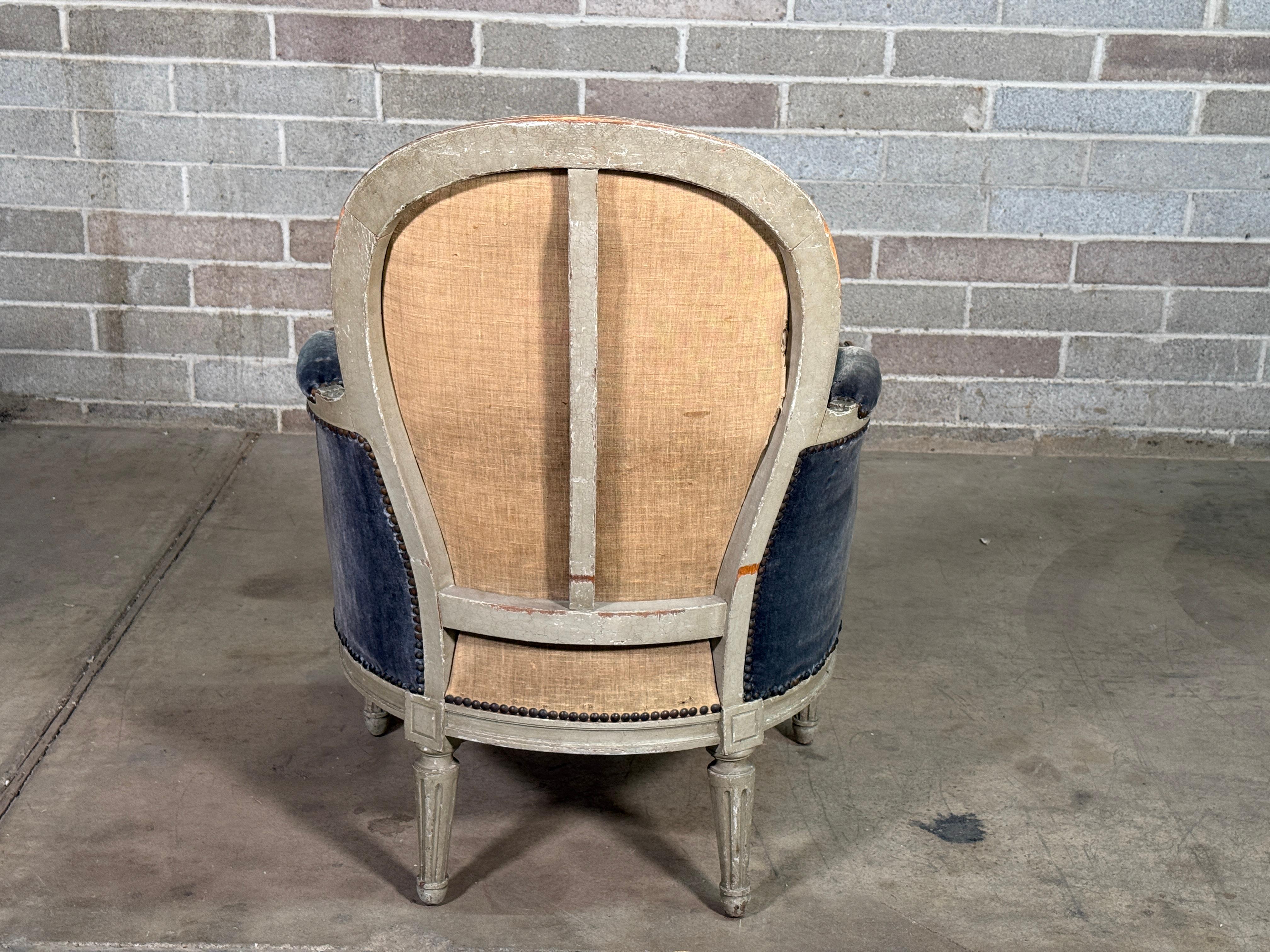 18th Century French Louis XVI Velvet Bergere Armchair For Sale 1