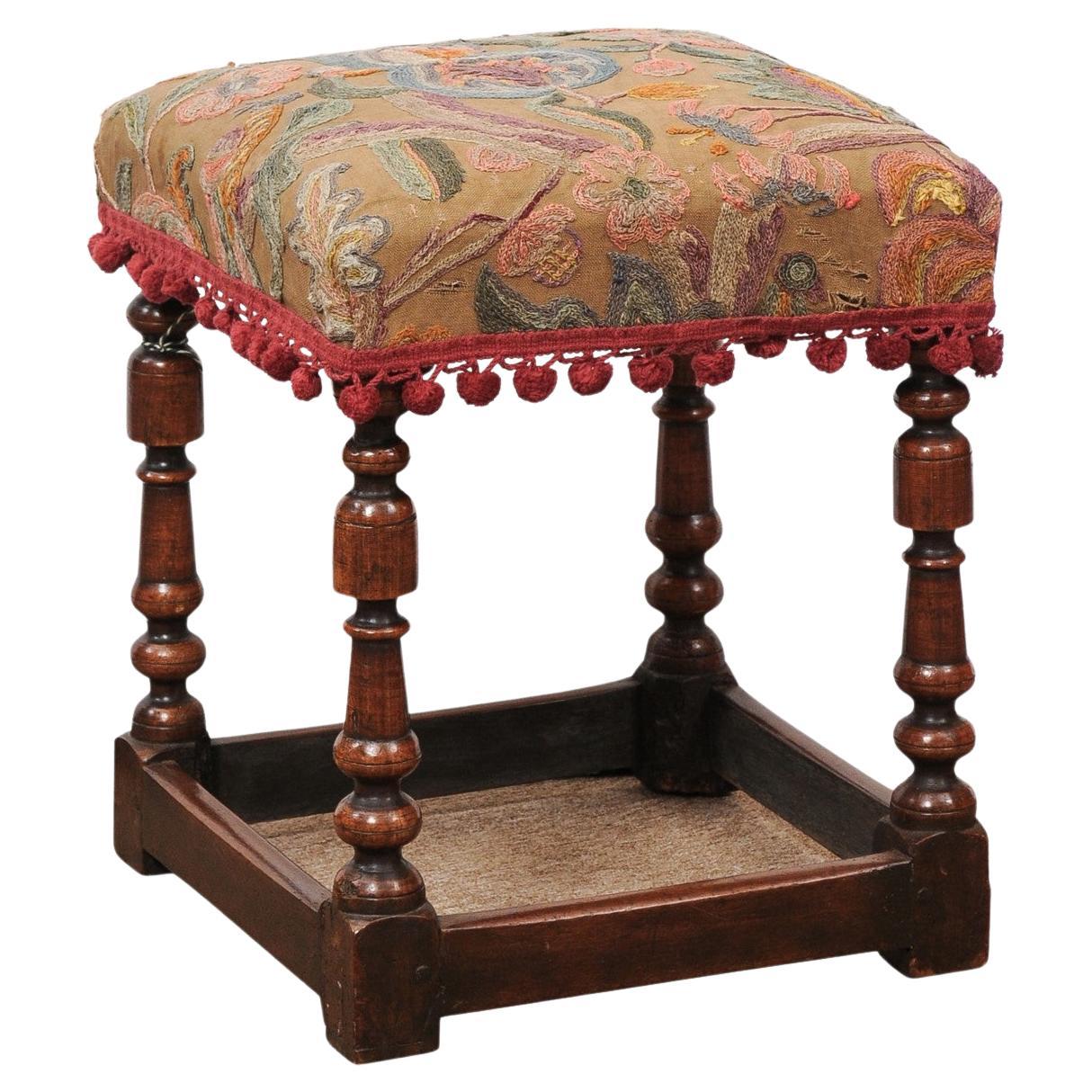 18th Century French LXIII Style Walnut Bench with Crewell Work Upholstery