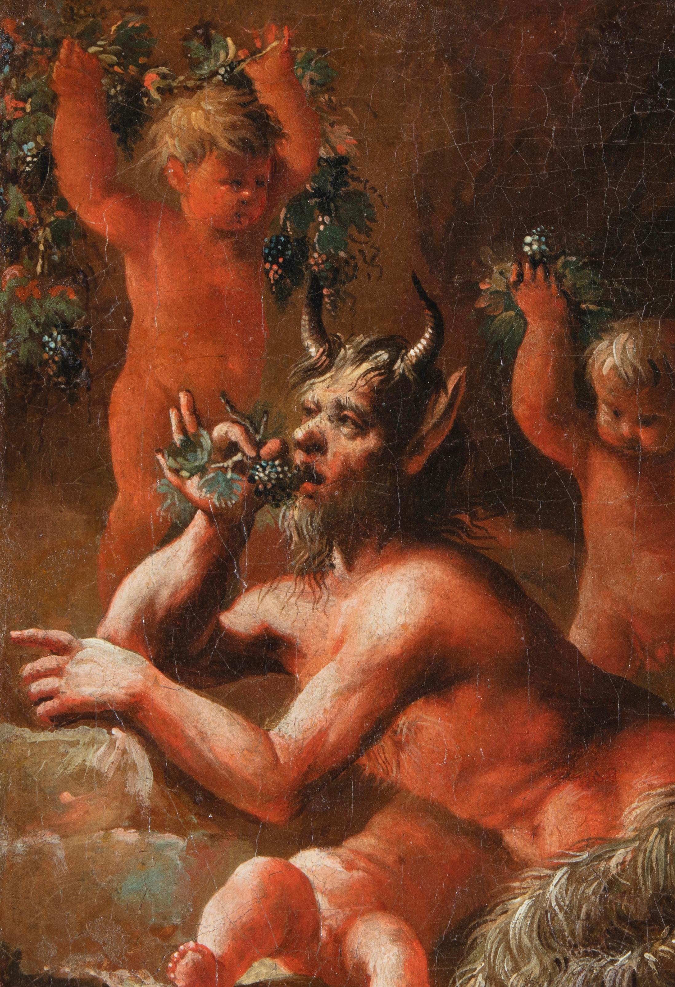 During a festive bacchanal a big satyr is eating grapes, lying on the ground and surrounded by a large group of putti who, with festoons and vine leaves, fill and populate the pictorial composition.

The cerulean tones of the sky juxtaposed with the