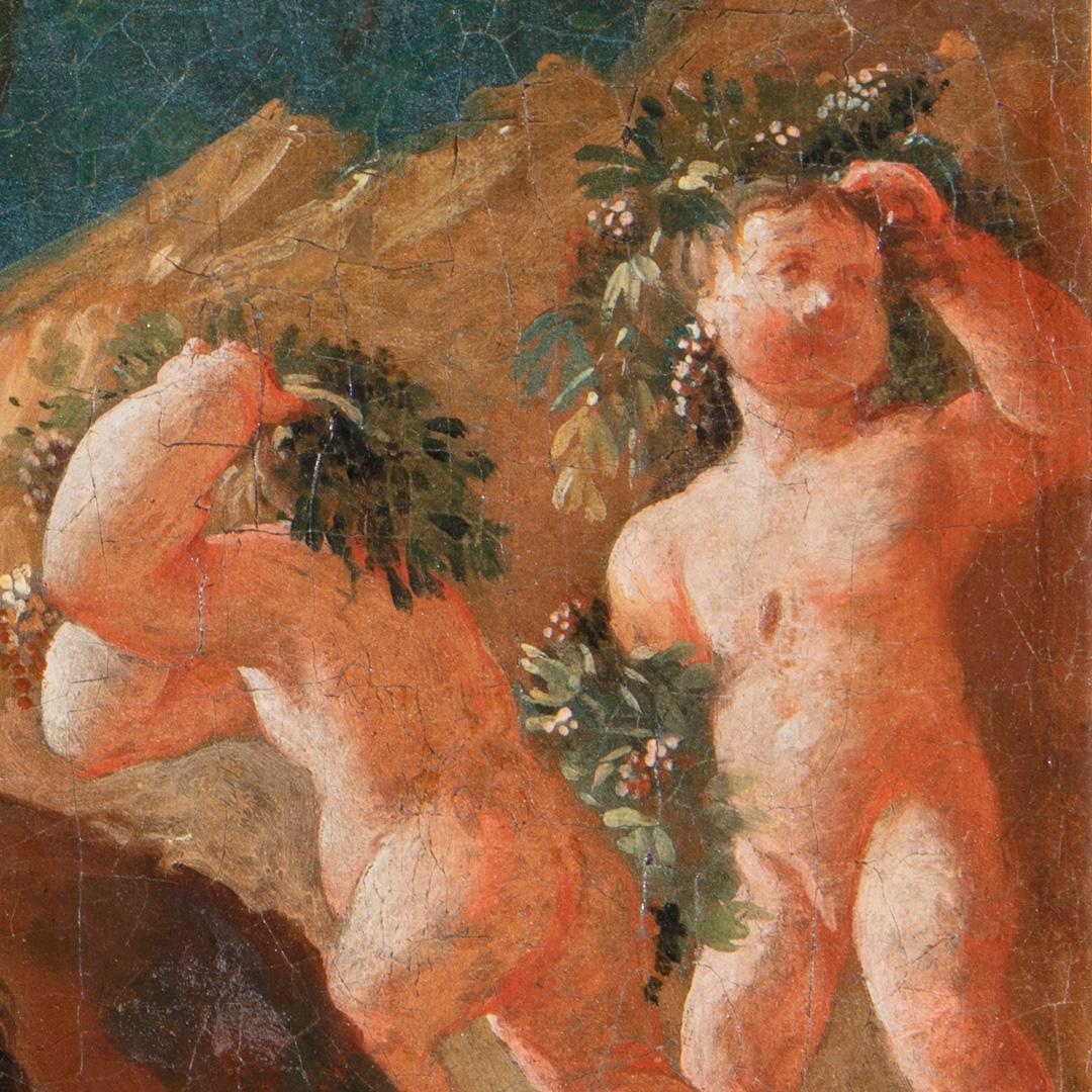 Französischer Maestro des 18. Jahrhunderts
Titel: Bacchanal
Medium: Öl auf Leinwand
Maße: ohne Rahmen 24 x 30 cm - mit Rahmen 33,5 x 39 cm
Antik geformter, senffarben lackierter Holzrahmen

Auf der Rückseite altes Label, das das Kunstwerk François