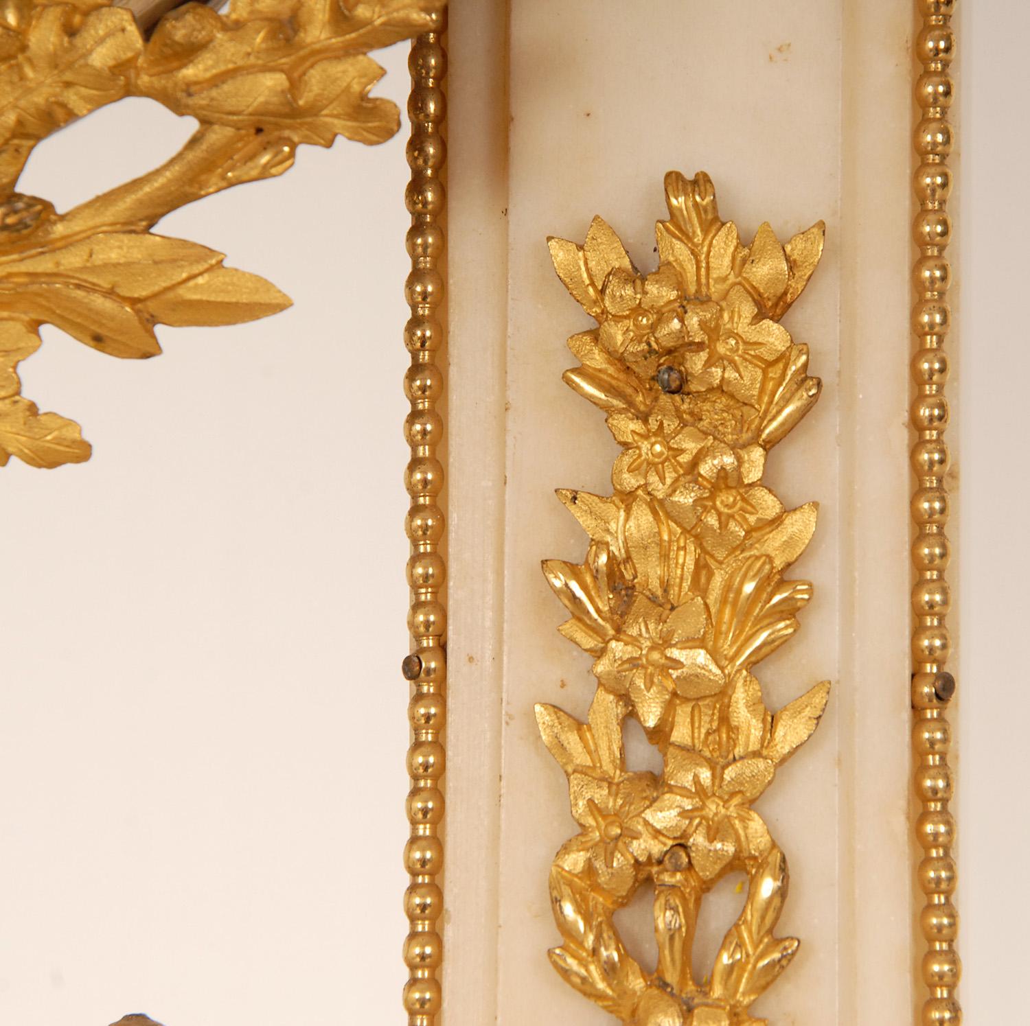 Hand-Crafted 18th Century French Mantel Clock Pendulum White Marble Ormolu Gold Gilded Bronze