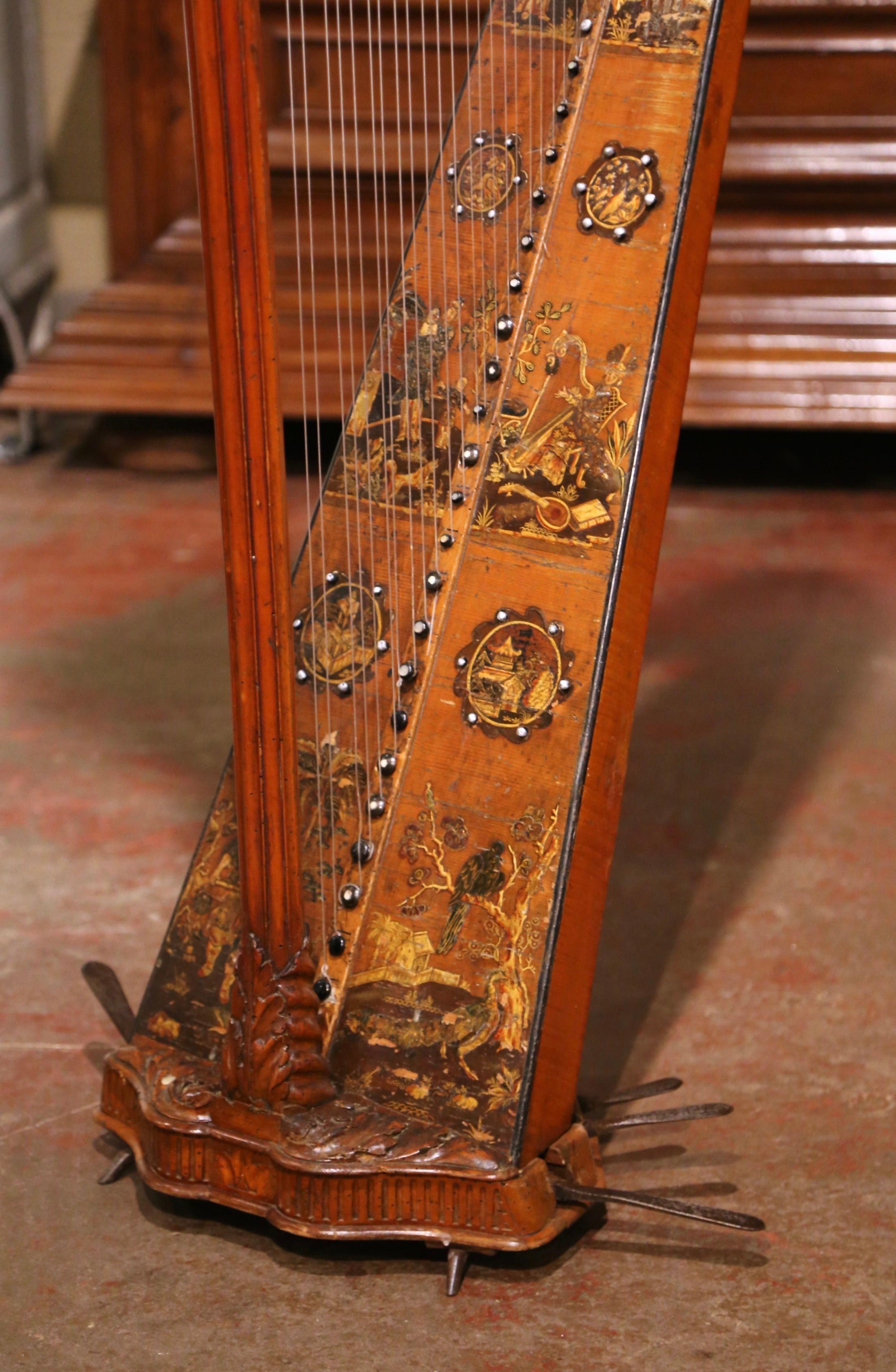 18th Century French Maple Decorative Harp with Hand Painted Chinoiserie Motifs For Sale 2