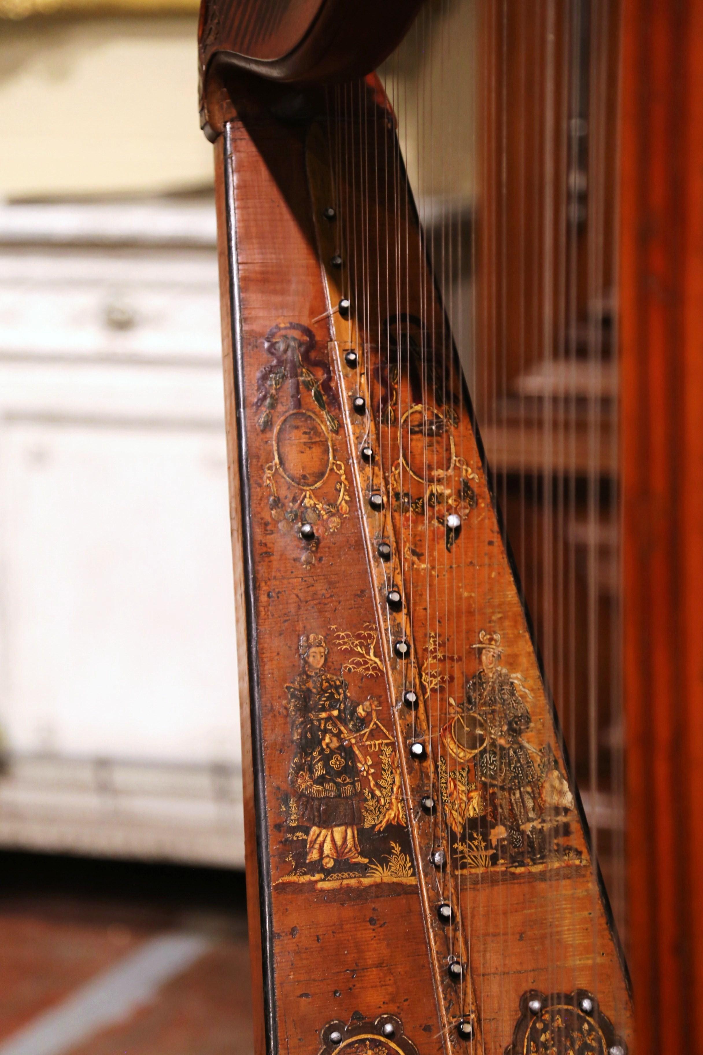 18th Century French Maple Decorative Harp with Hand Painted Chinoiserie Motifs (Französisch) im Angebot