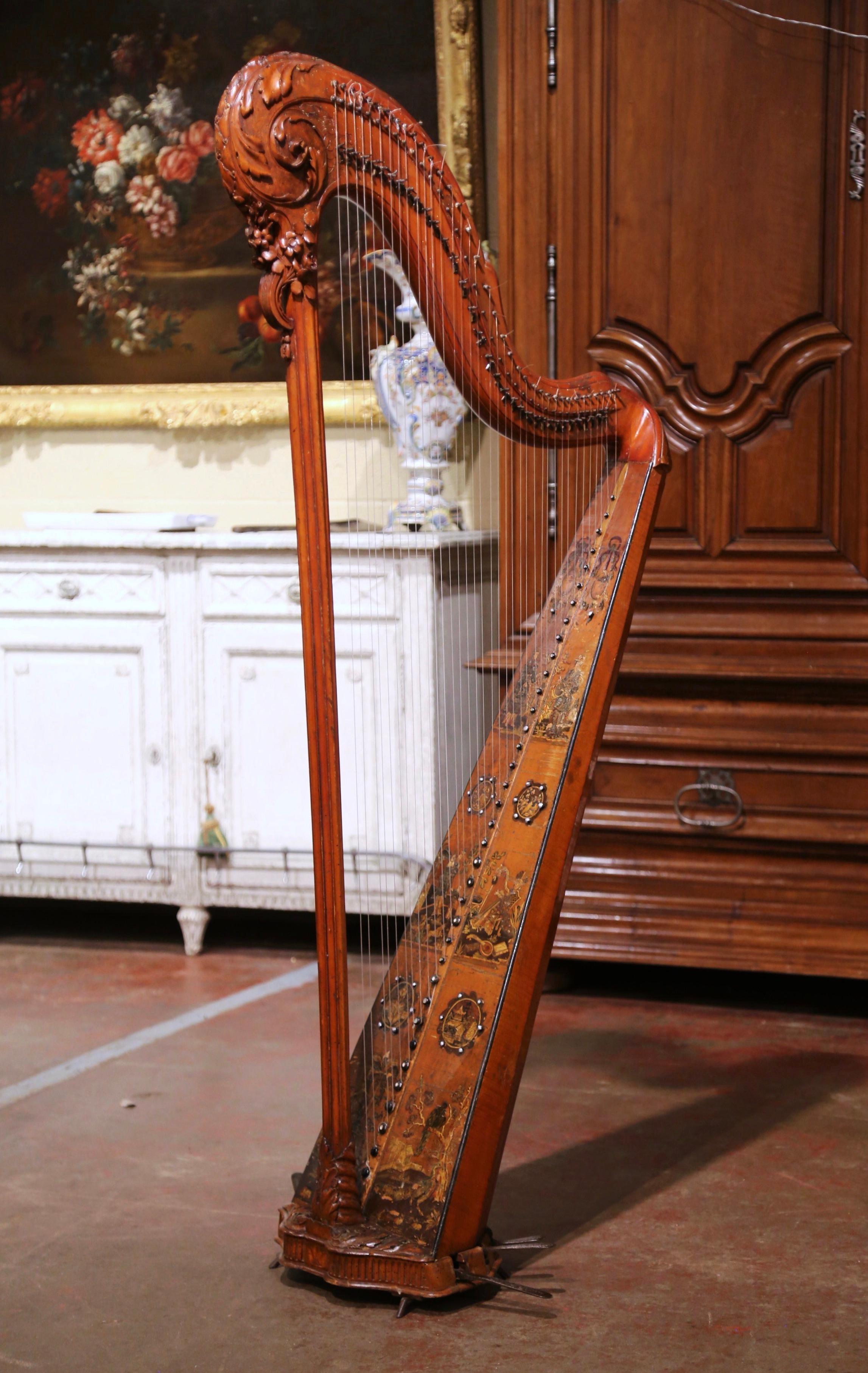 18th Century French Maple Decorative Harp with Hand Painted Chinoiserie Motifs (Handbemalt) im Angebot