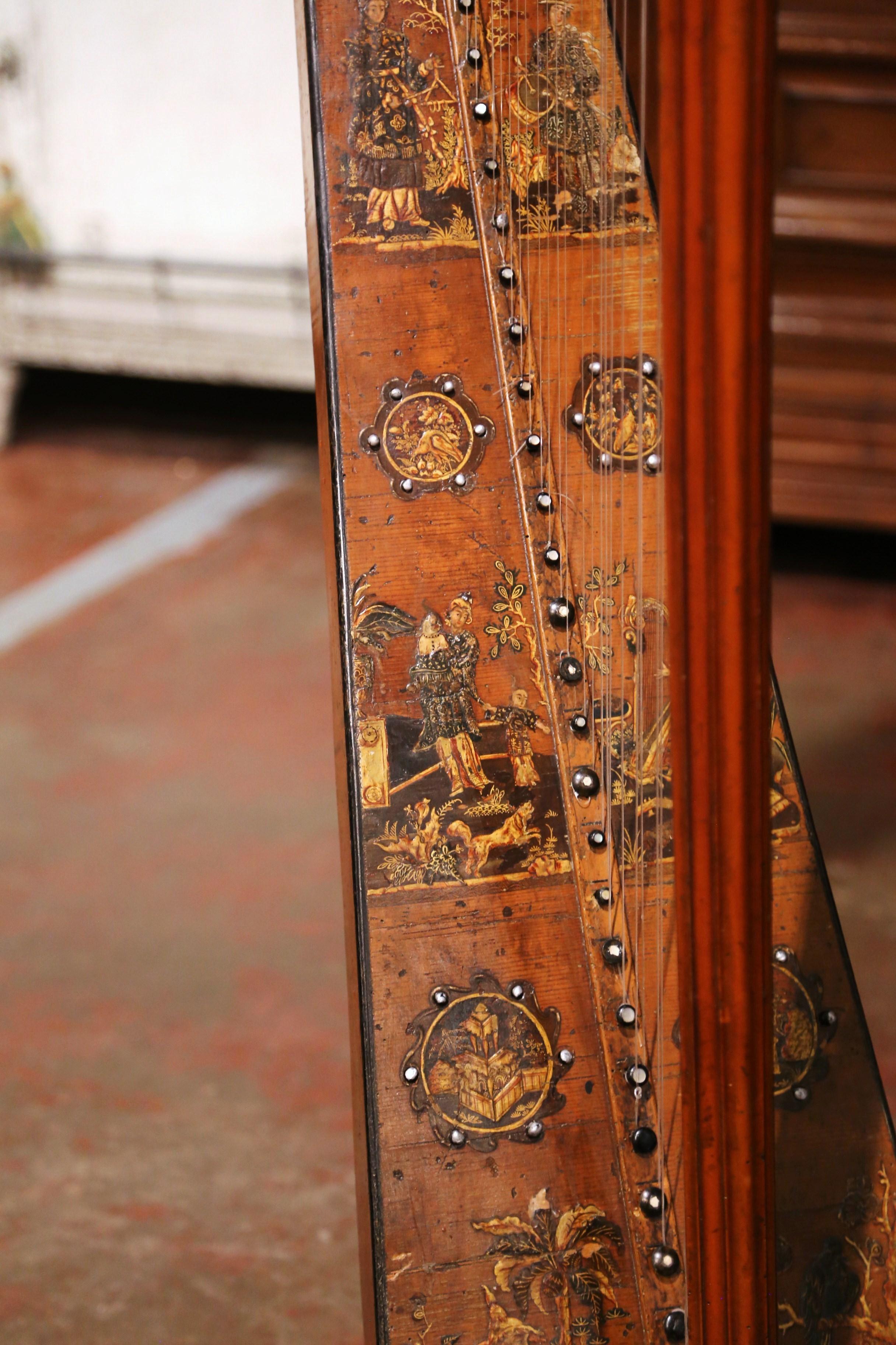 18th Century French Maple Decorative Harp with Hand Painted Chinoiserie Motifs im Angebot 1