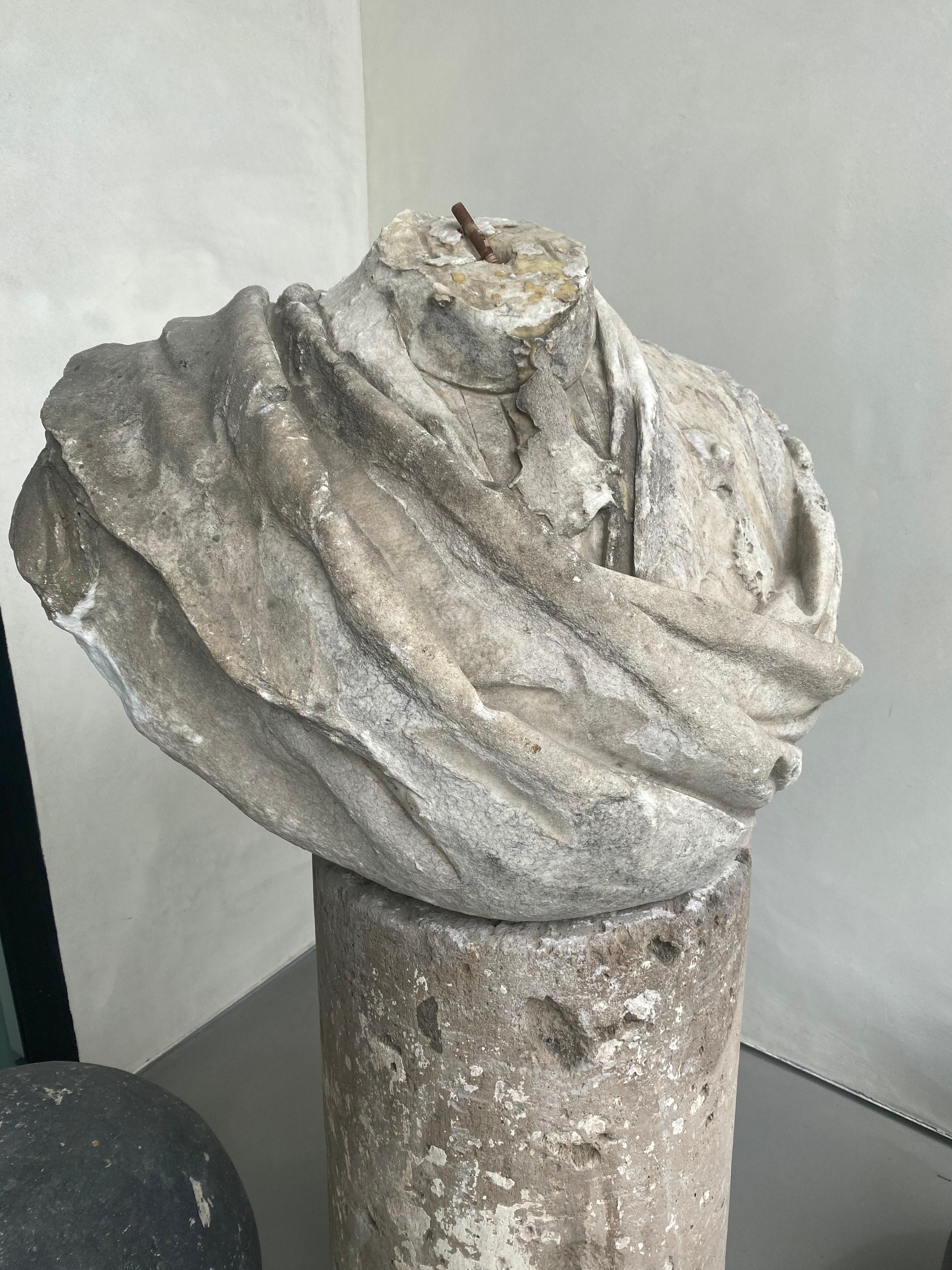 Carved 18th Century French Marble Bust of Royal Commander and Cut Concrete Stand For Sale