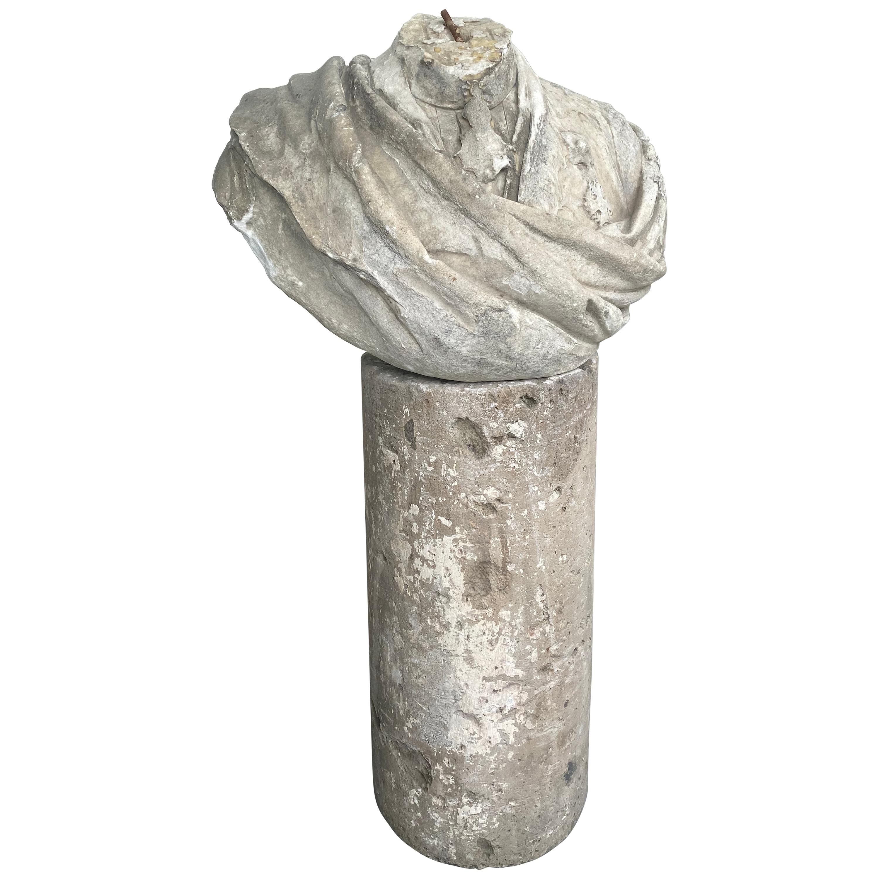 18th Century French Marble Bust of Royal Commander and Cut Concrete Stand For Sale