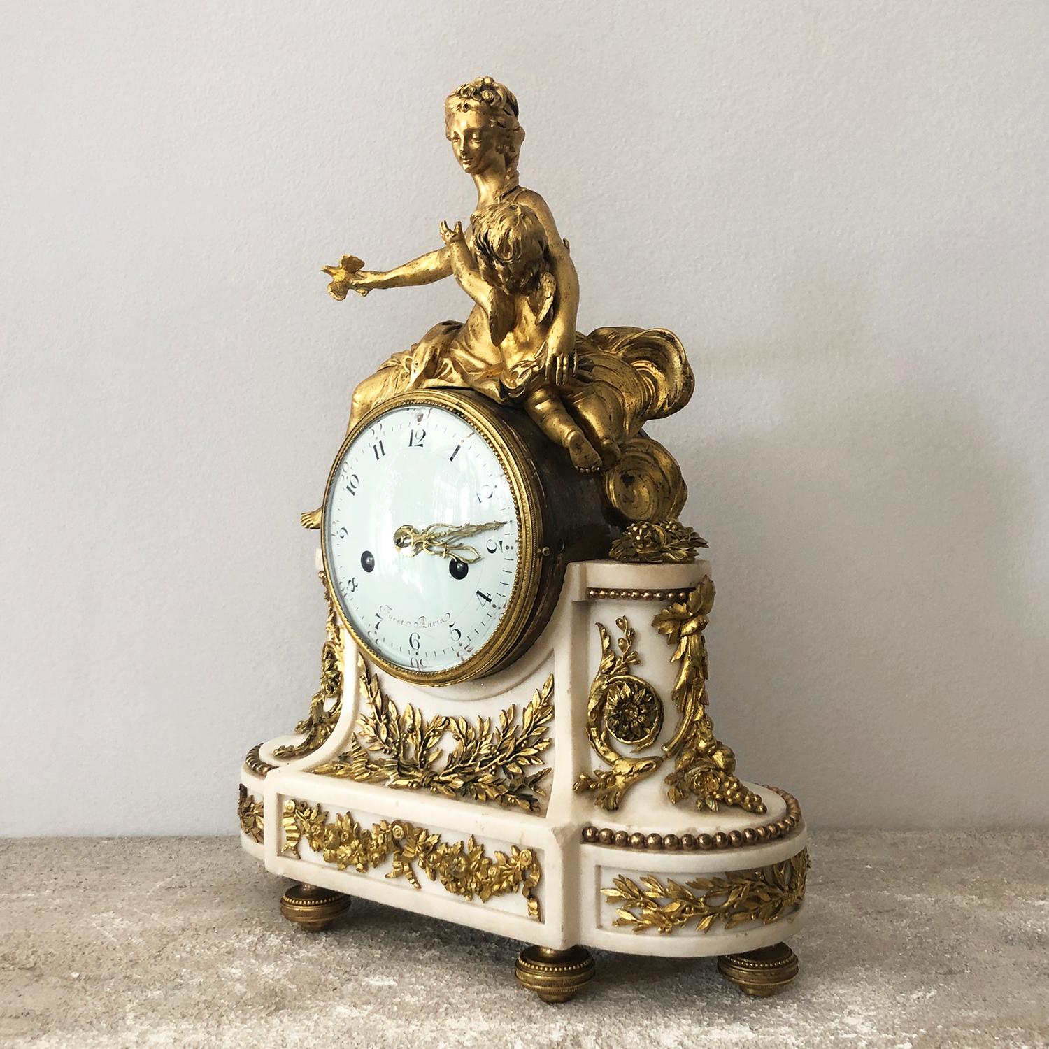Louis XVI 18th Century French Marble, Gilded Bronze Clock by Jean-Baptiste-André Furet