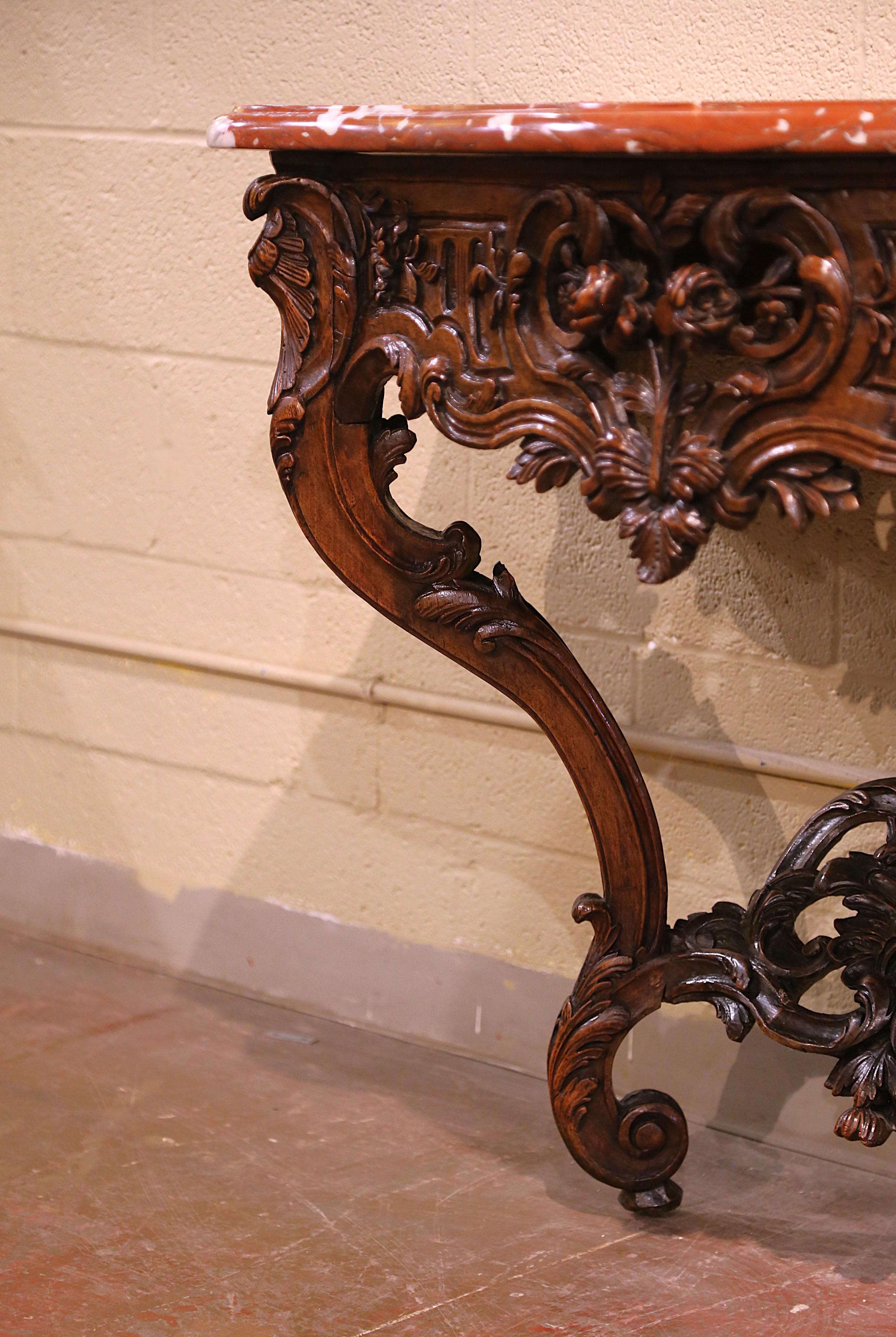 Hand-Carved 18th Century French Marble Top Carved Walnut Console Table from Provence For Sale