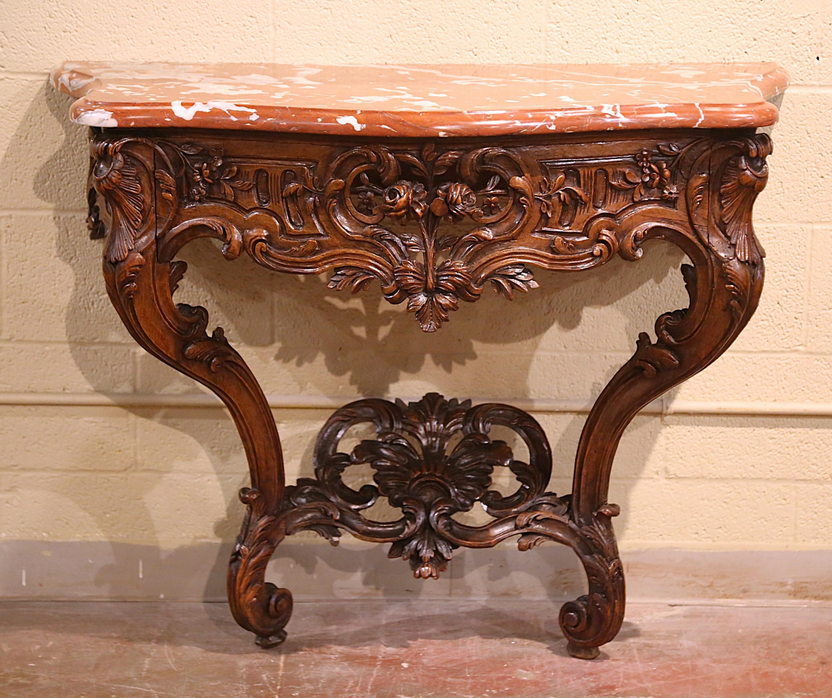18th Century French Marble Top Carved Walnut Console Table from Provence For Sale 1