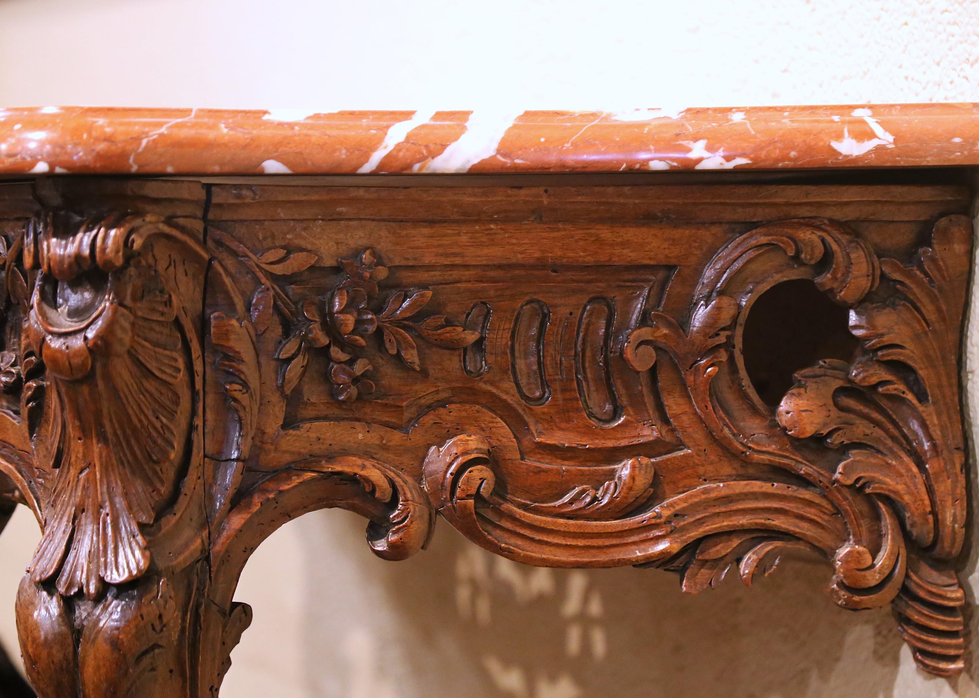 18th Century French Marble Top Carved Walnut Console Table from Provence For Sale 4