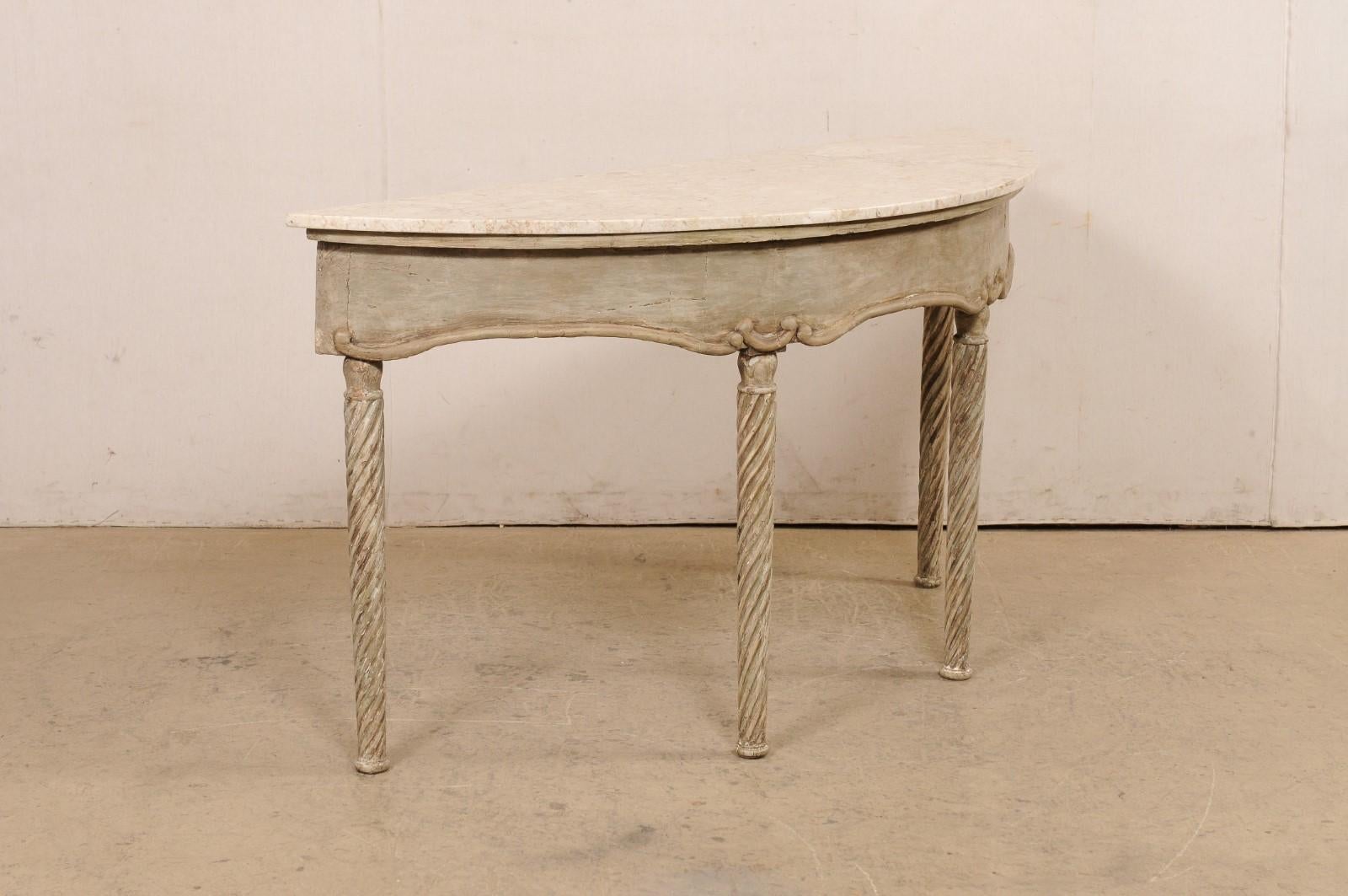 18th Century French Marble Top Console w/Spiral Carved Legs, Oblong Demi-Shaped For Sale 1