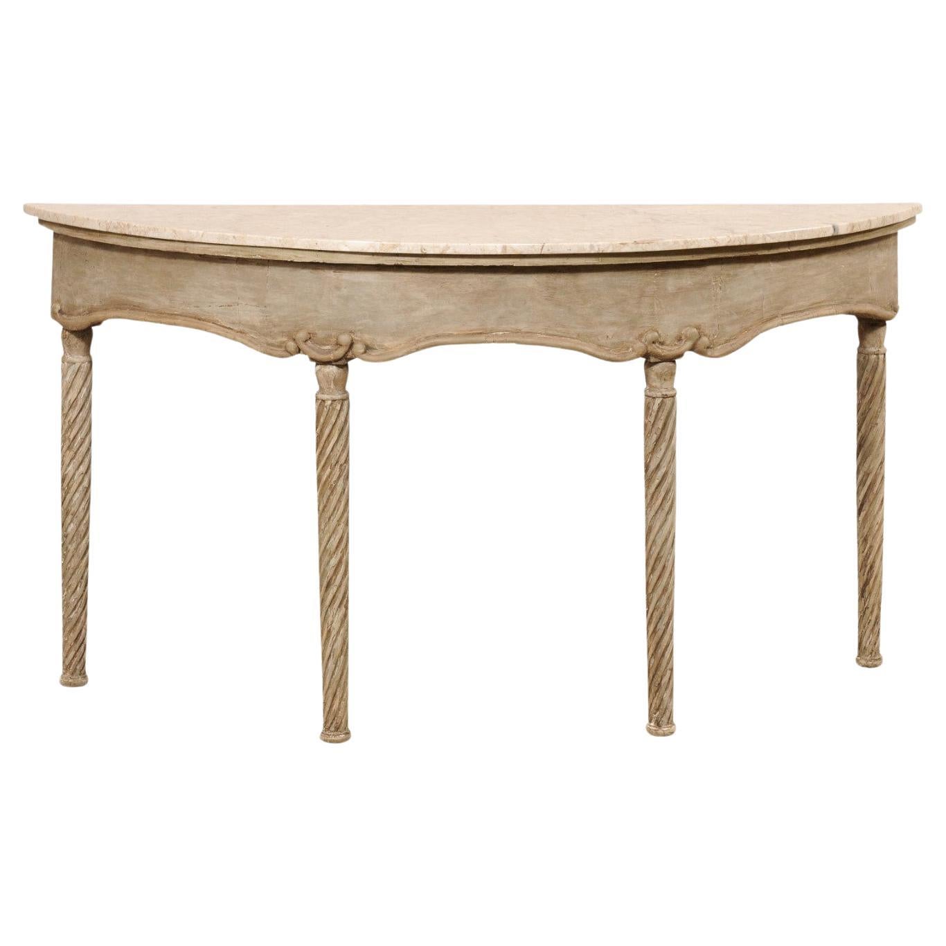 18th Century French Marble Top Console w/Spiral Carved Legs, Oblong Demi-Shaped For Sale