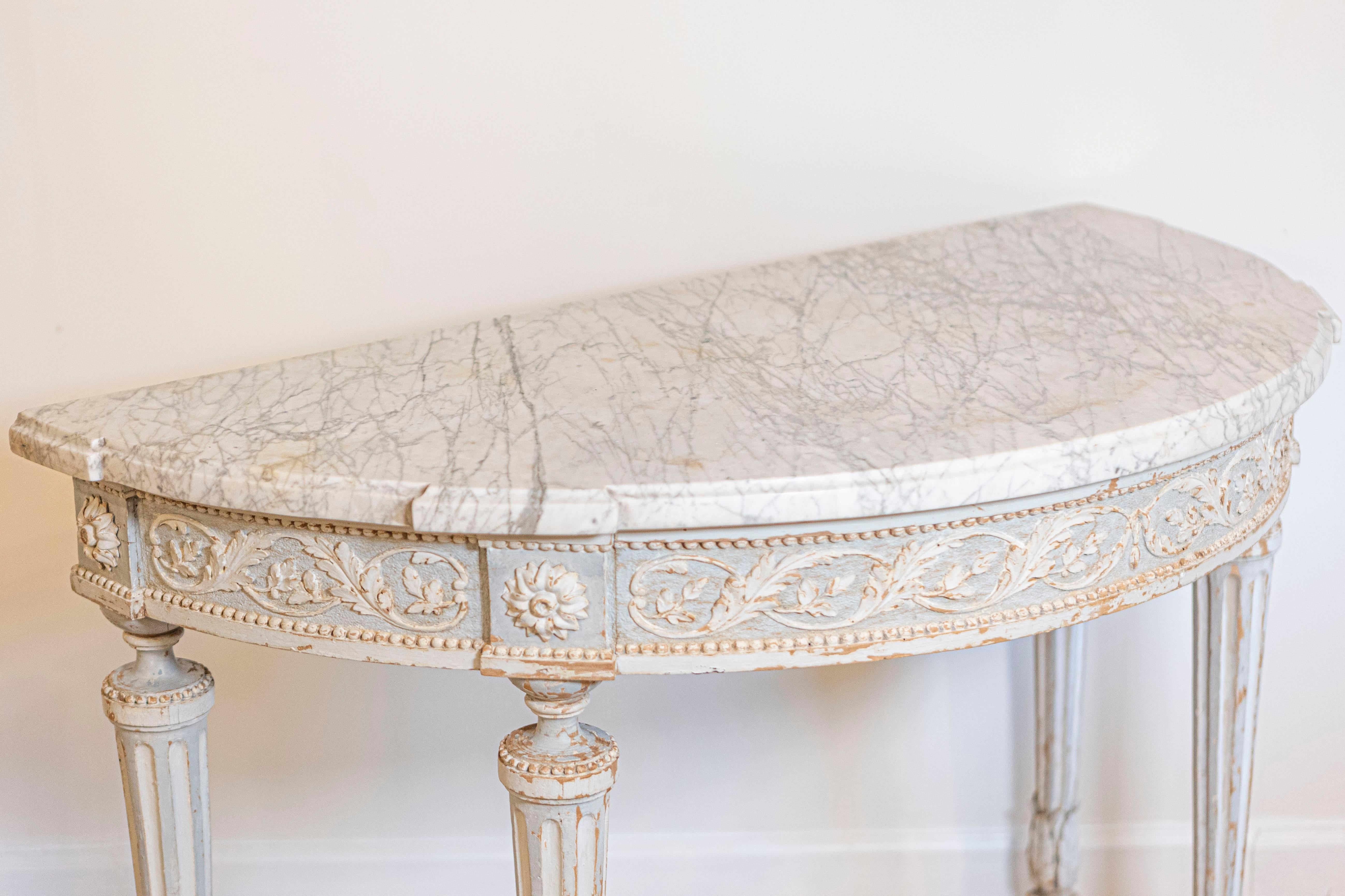 Louis XVI 18th Century French Marble Top Demi Lune Console Table For Sale