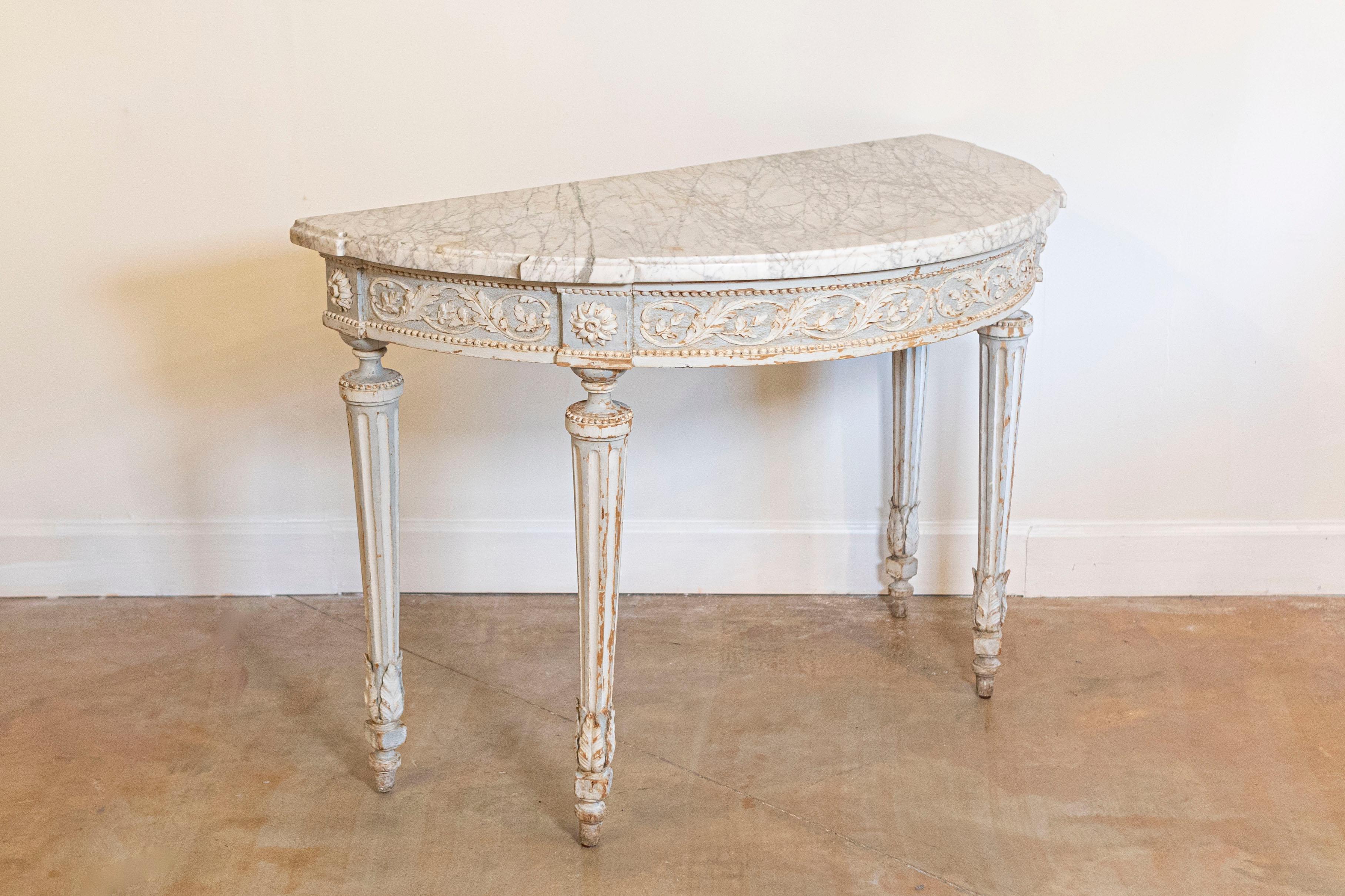 Carved 18th Century French Marble Top Demi Lune Console Table For Sale