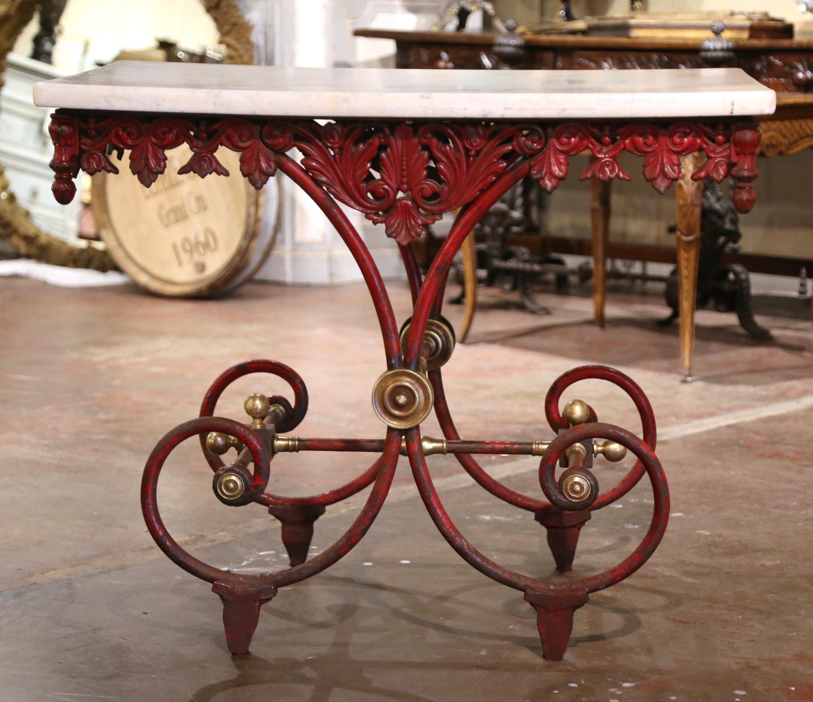 18th Century French Marble Top Red Painted Iron Pastry Table with Bronze Mounts For Sale 7
