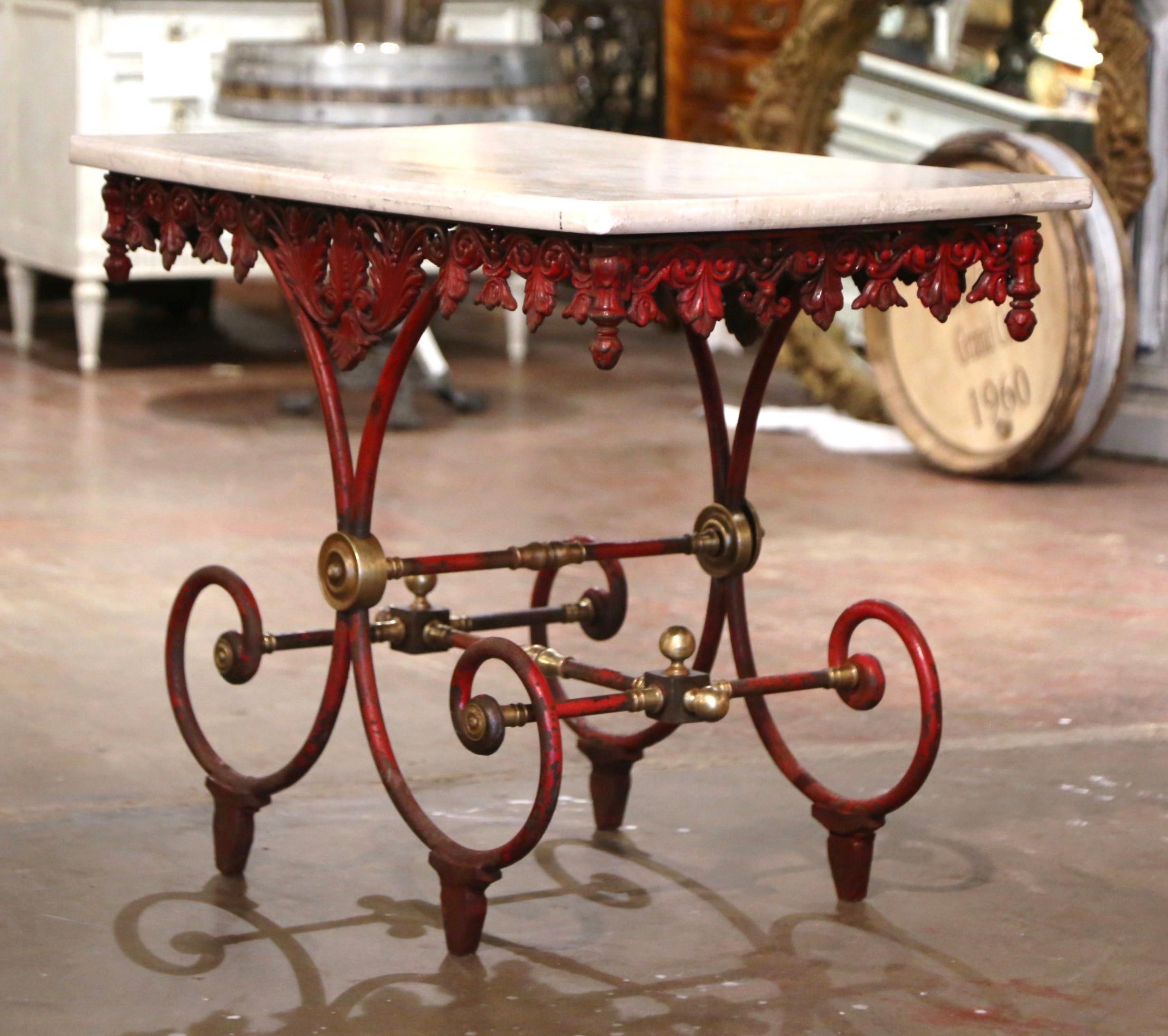 18th Century French Marble Top Red Painted Iron Pastry Table with Bronze Mounts For Sale 9