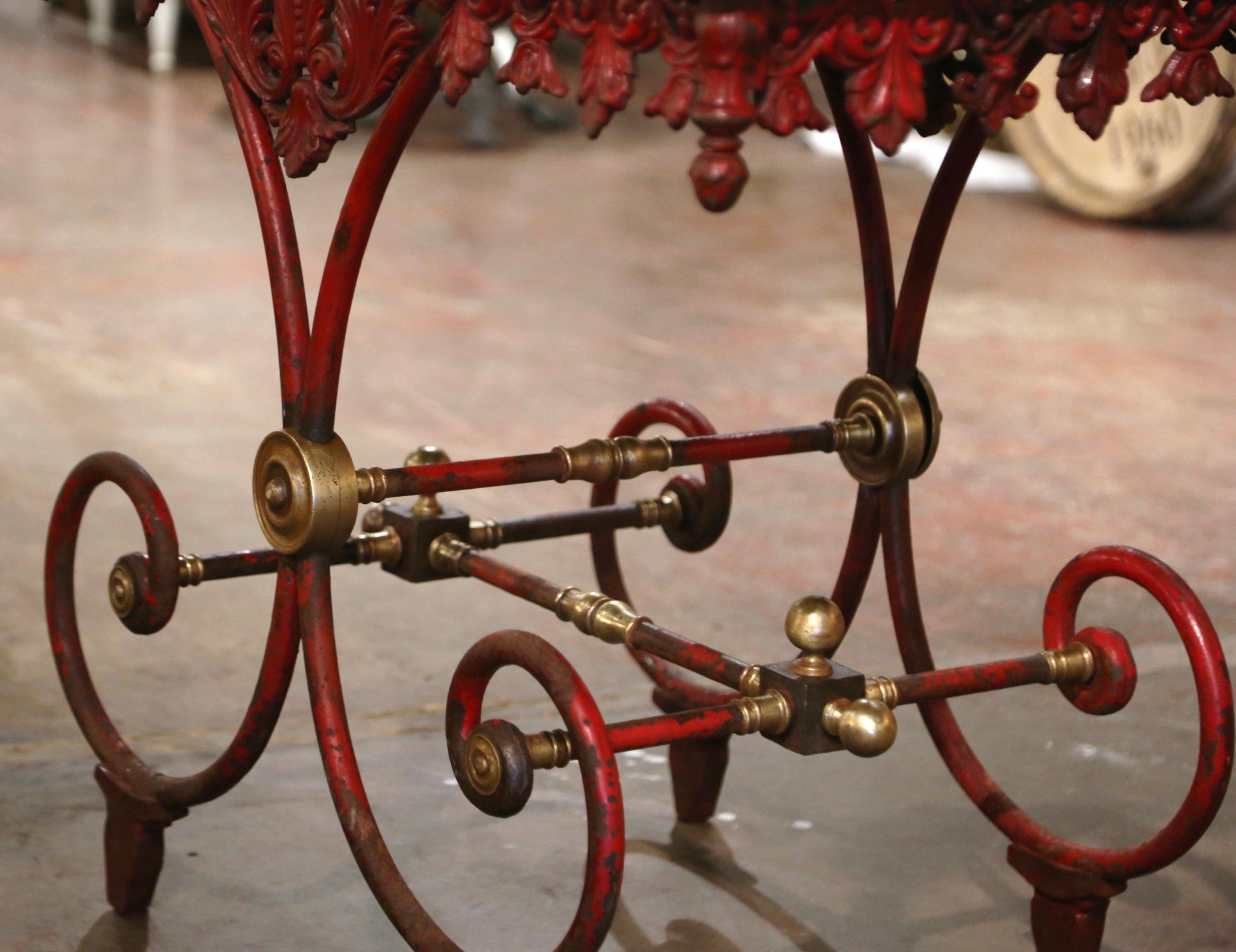 18th Century French Marble Top Red Painted Iron Pastry Table with Bronze Mounts For Sale 11