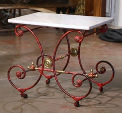 18th Century French Marble Top Red Painted Iron Pastry Table with Bronze Mounts