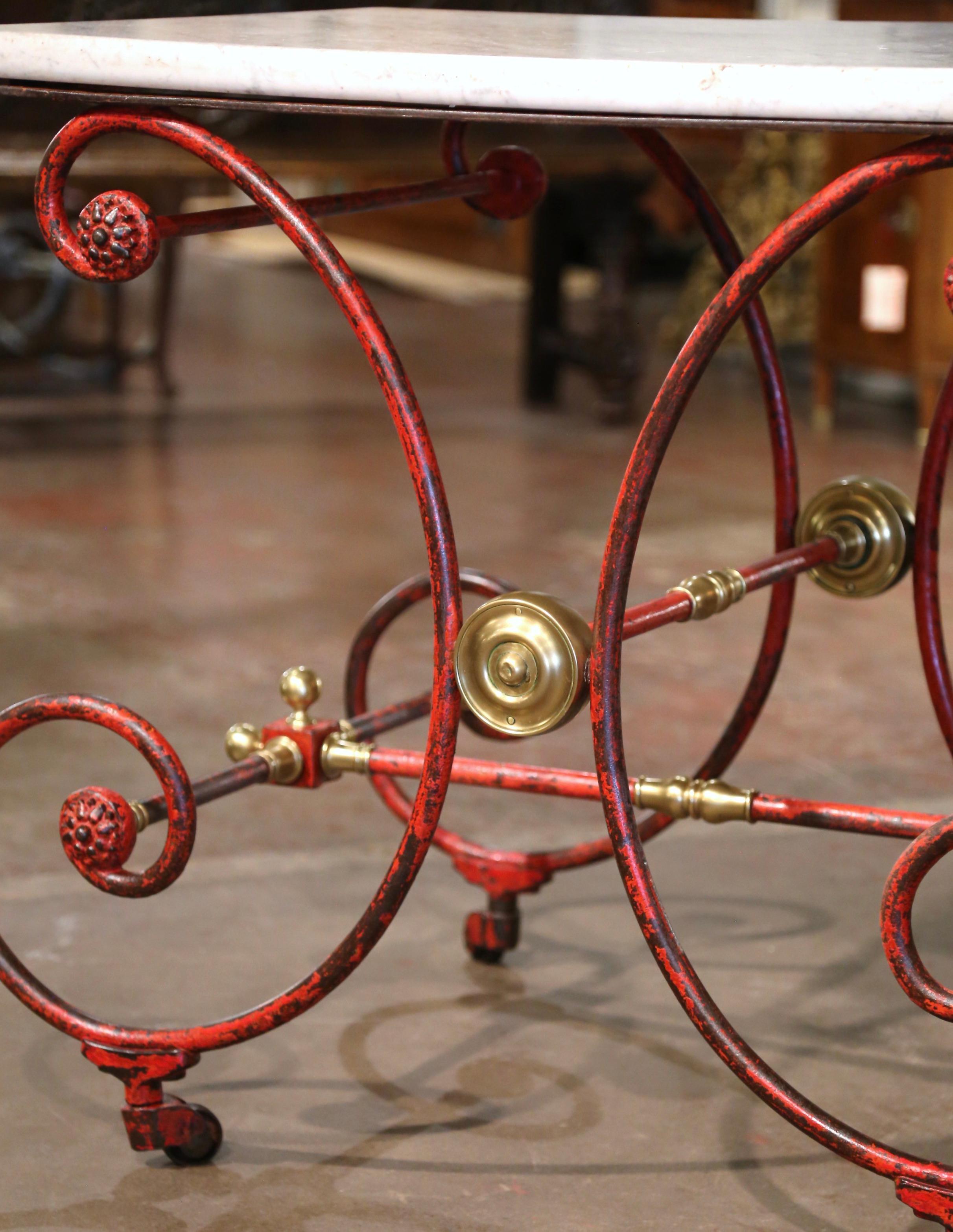 Forged 18th Century French Marble Top Red Painted Iron Pastry Table with Bronze Mounts