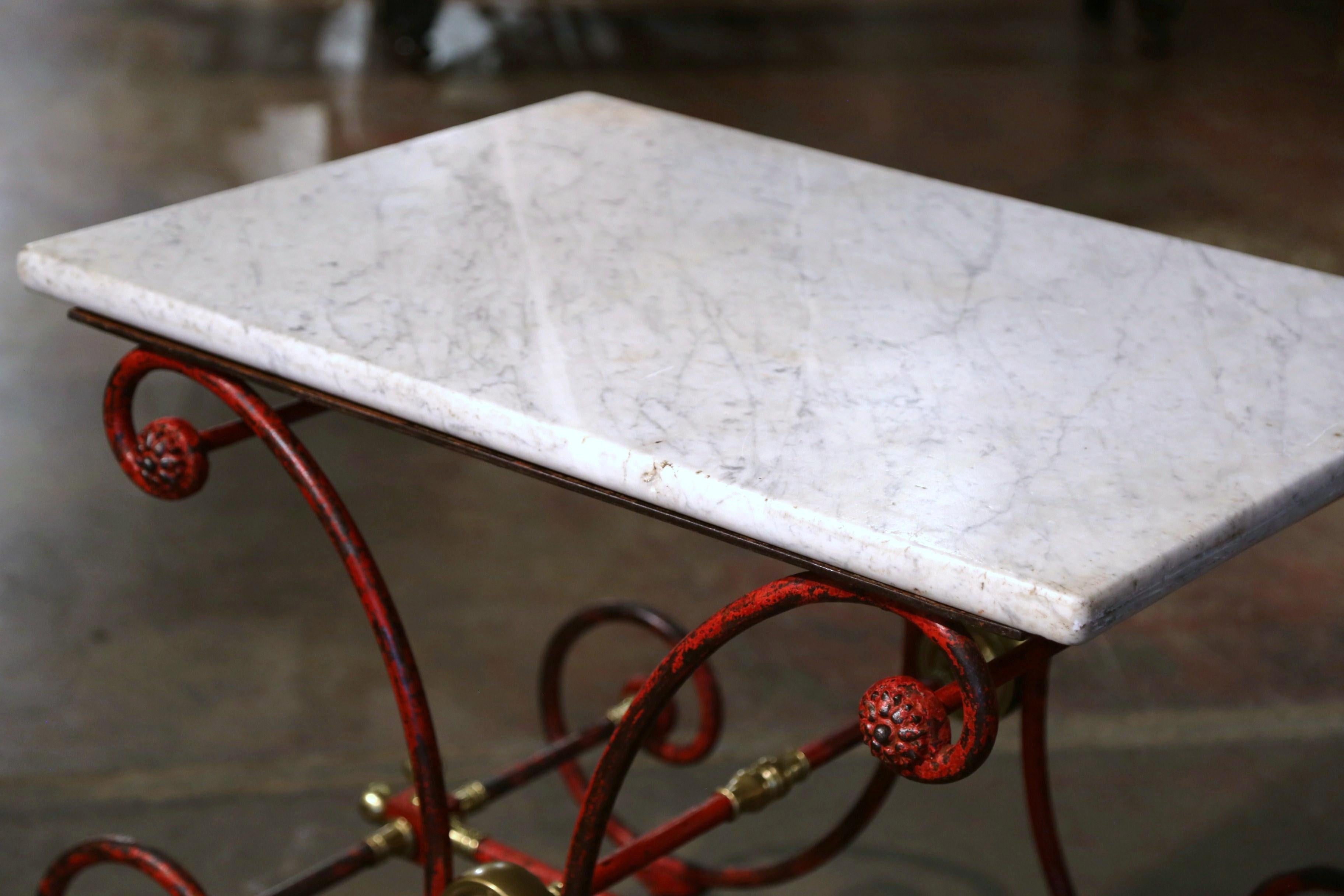 18th Century French Marble Top Red Painted Iron Pastry Table with Bronze Mounts In Excellent Condition In Dallas, TX