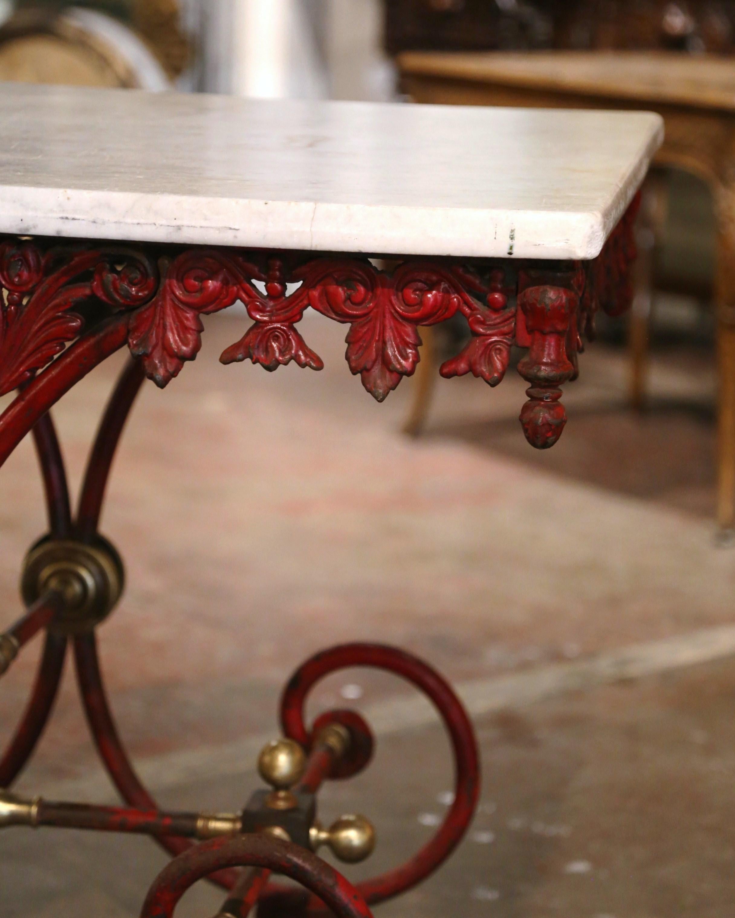 Forged 18th Century French Marble Top Red Painted Iron Pastry Table with Bronze Mounts For Sale