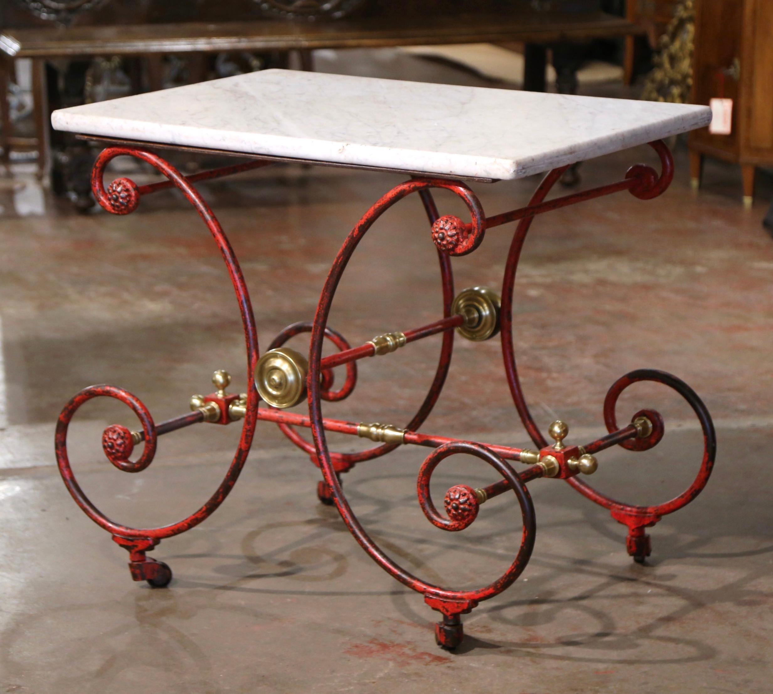 18th Century French Marble Top Red Painted Iron Pastry Table with Bronze Mounts 1