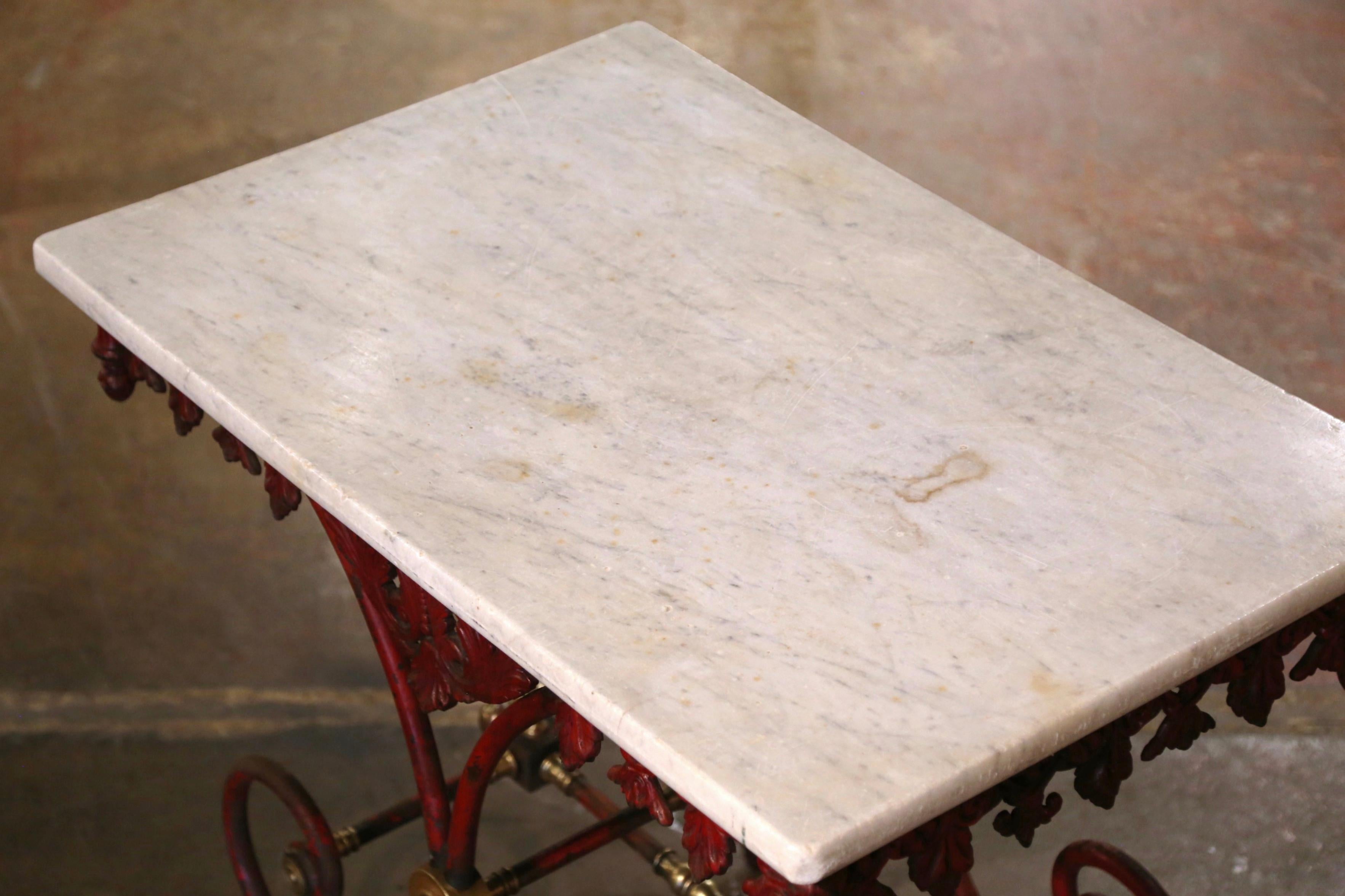 18th Century French Marble Top Red Painted Iron Pastry Table with Bronze Mounts For Sale 1