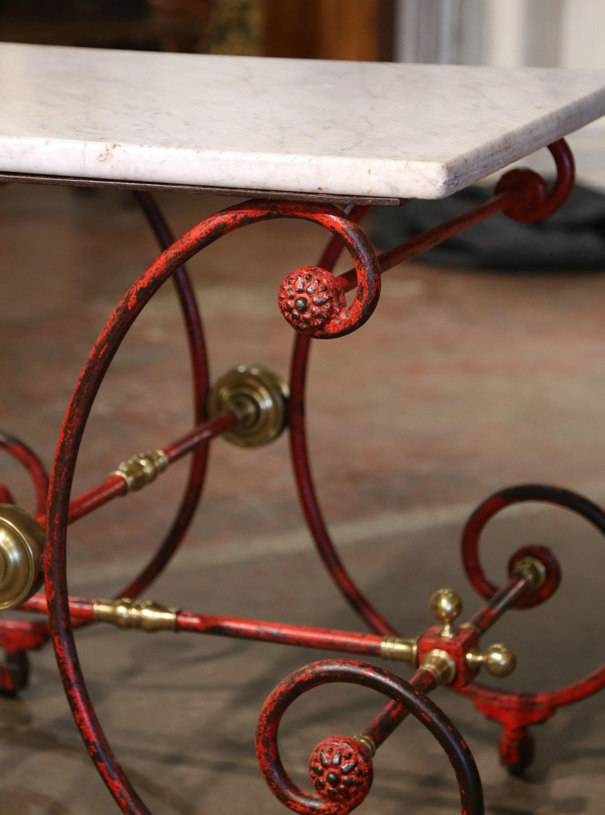 18th Century French Marble Top Red Painted Iron Pastry Table with Bronze Mounts 2