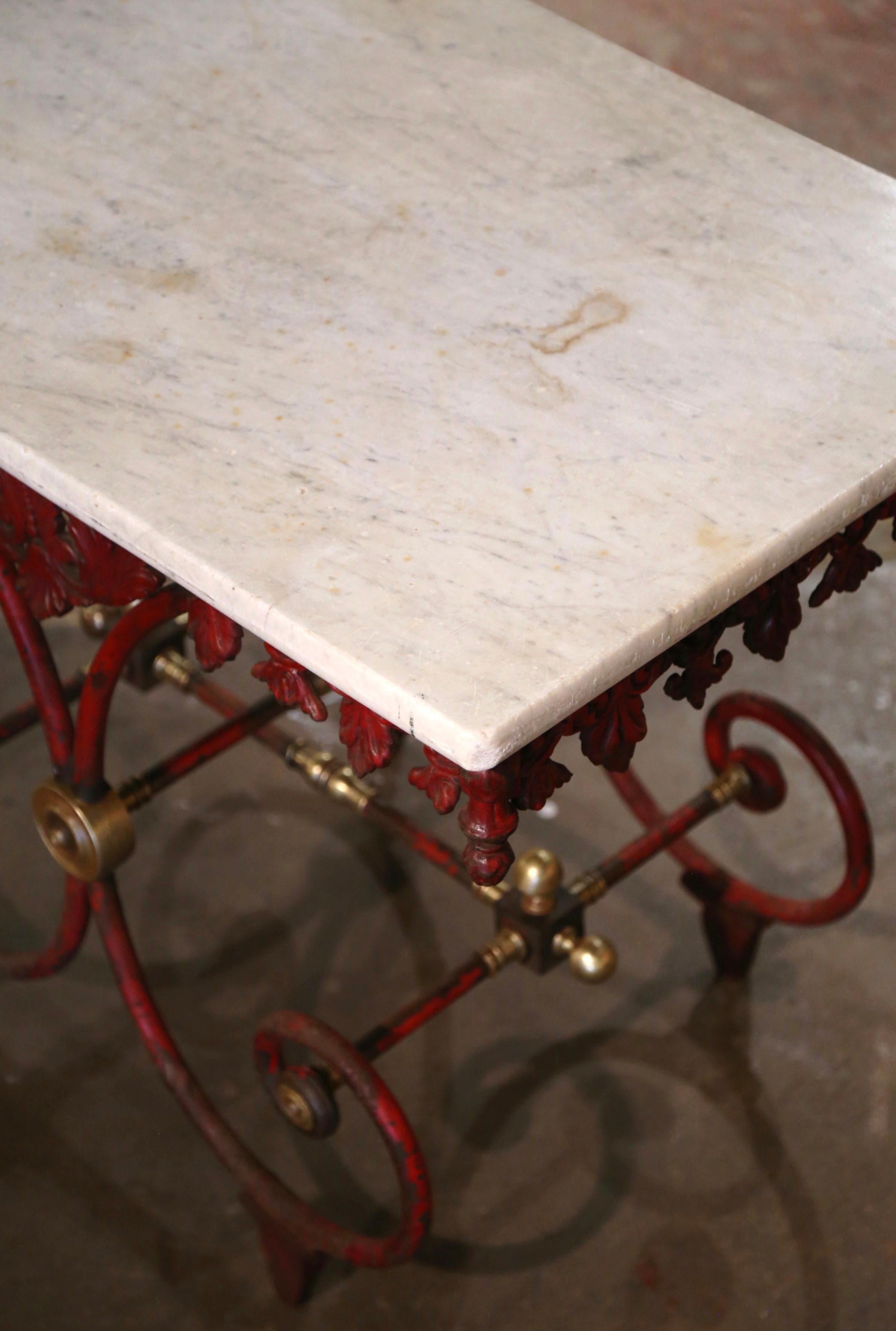 18th Century French Marble Top Red Painted Iron Pastry Table with Bronze Mounts For Sale 3