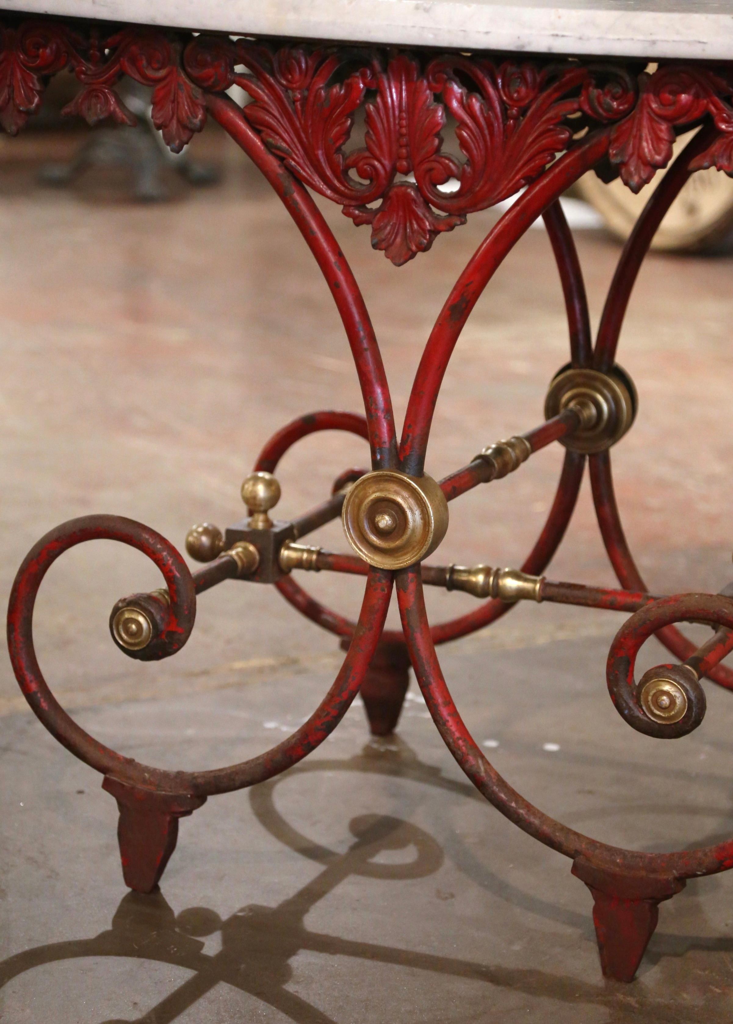 18th Century French Marble Top Red Painted Iron Pastry Table with Bronze Mounts For Sale 4