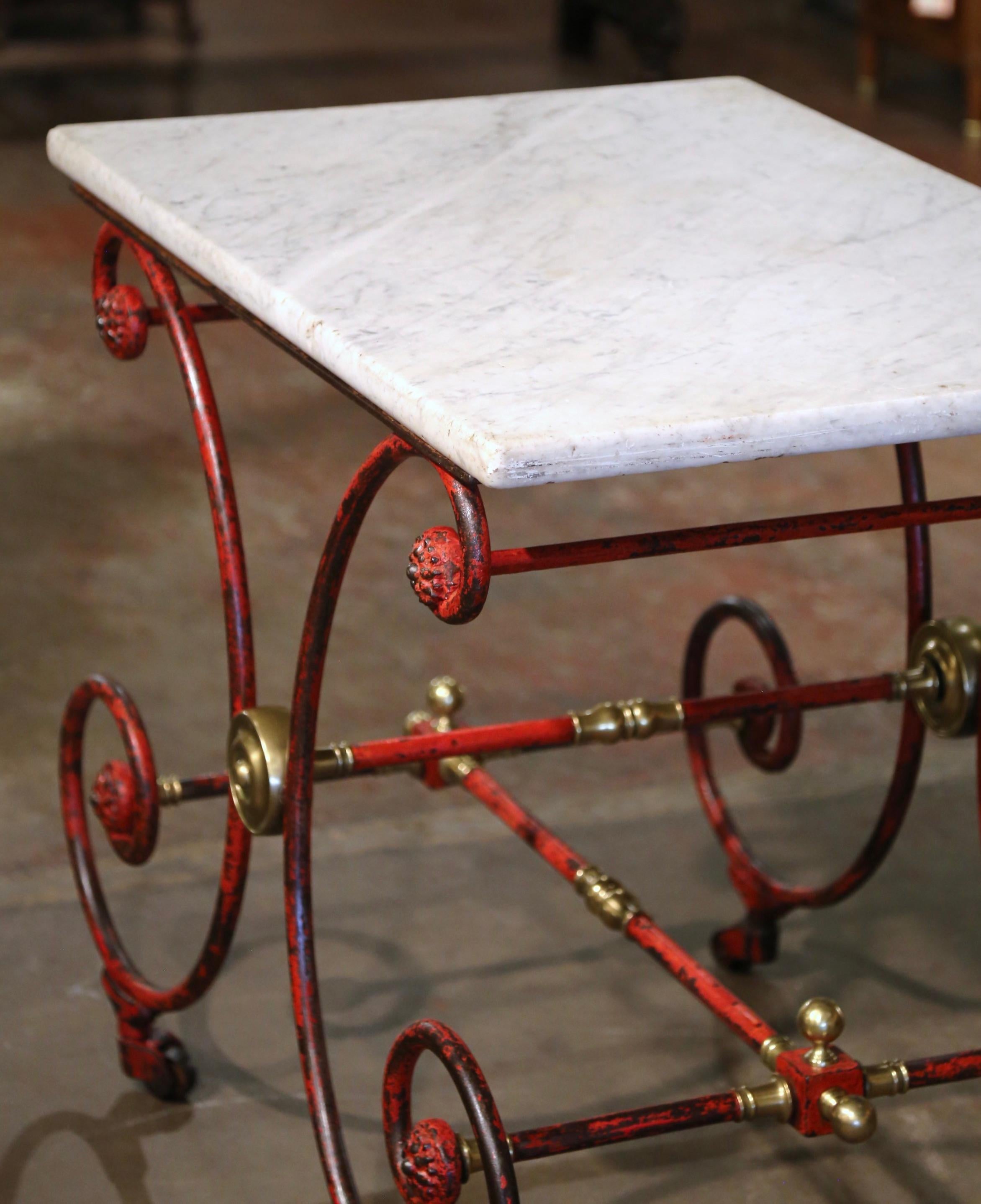 18th Century French Marble Top Red Painted Iron Pastry Table with Bronze Mounts 5