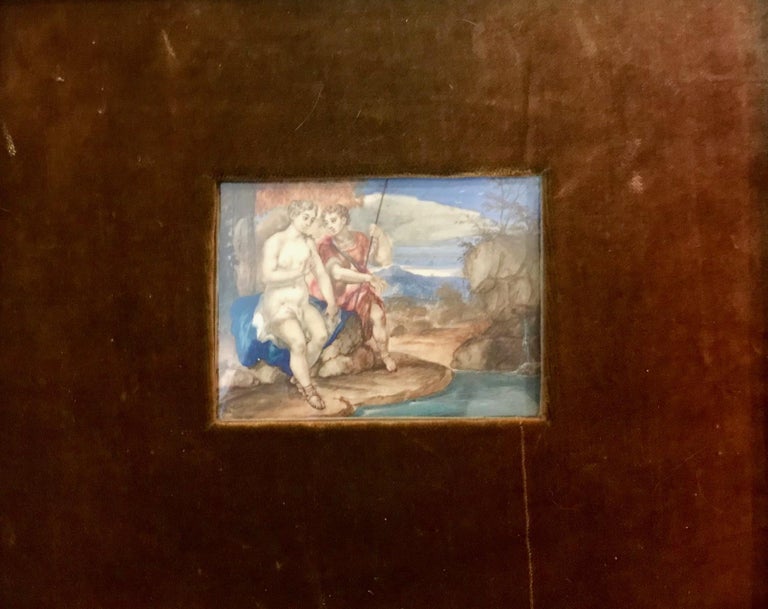 Superb French hand-painted watercolor/gouache miniature on a bone panel. It depicts Bacchus and Ariane in a courting scene set in a mountainous landscape. The 18th century miniature is a version of the painting by Charles Joseph Natoire (1700-1777).